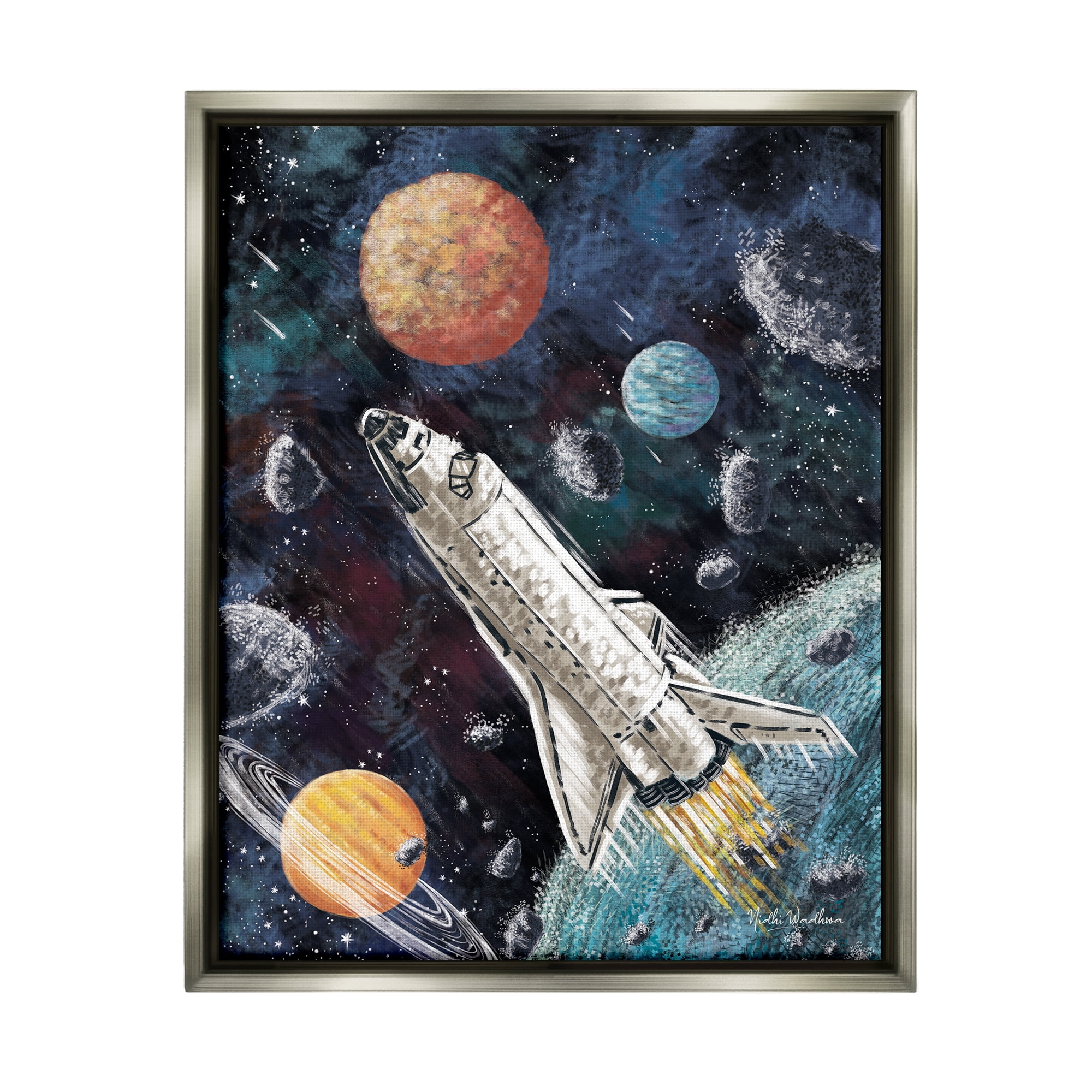 Stupell Industries Spaceship in Outer Space Novelty Painting Gray Floater Framed Canvas Art Print Wall Art, 17 x 21