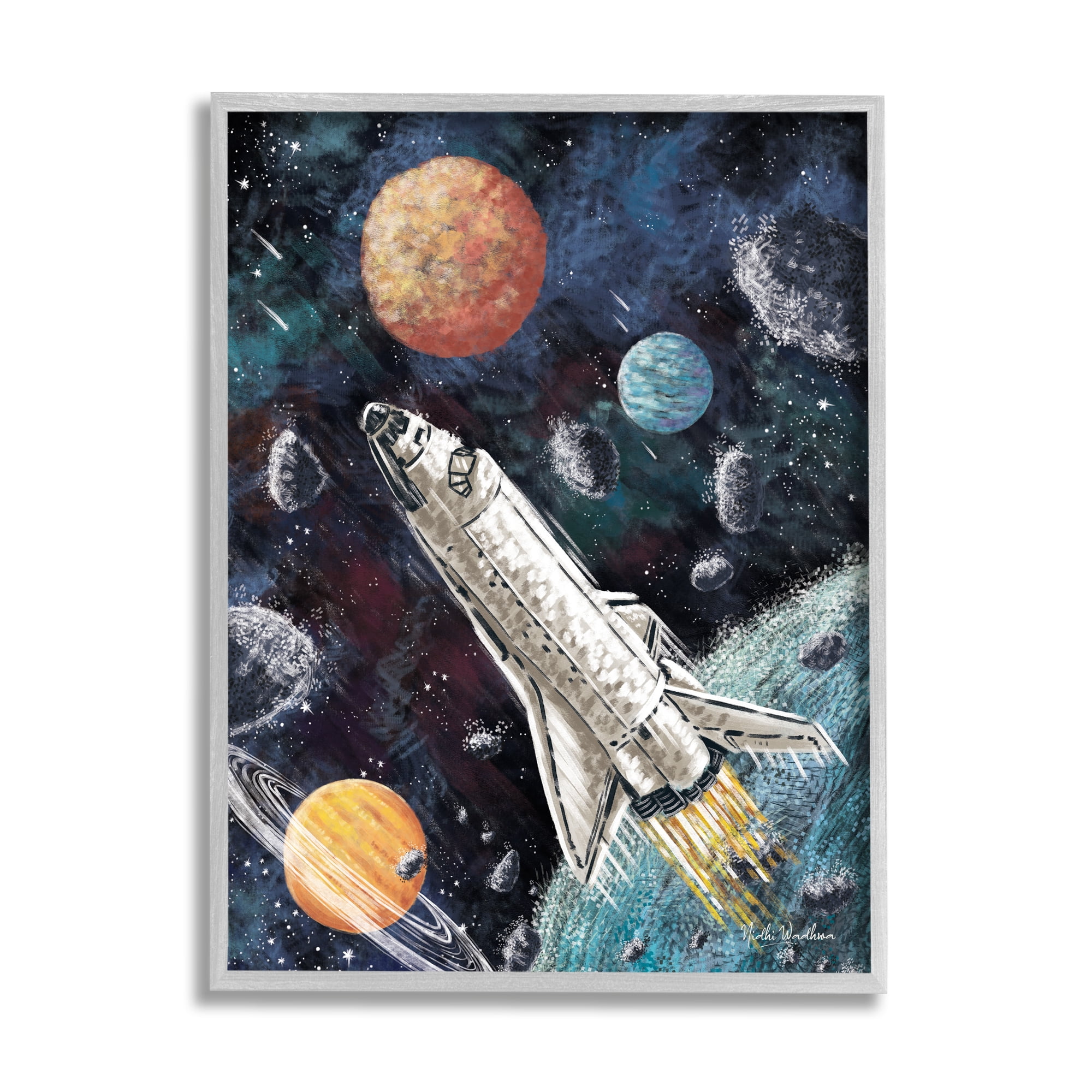Stupell Industries Spaceship in Outer Space Novelty Painting Gray Framed Art Print Wall Art, 16 x 20