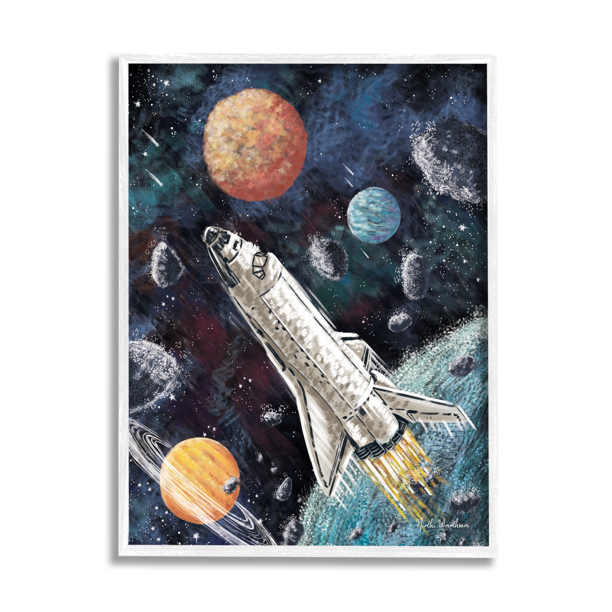 Stupell Industries Spaceship in Outer Space Novelty Painting White Framed Art Print Wall Art, 11 x 14