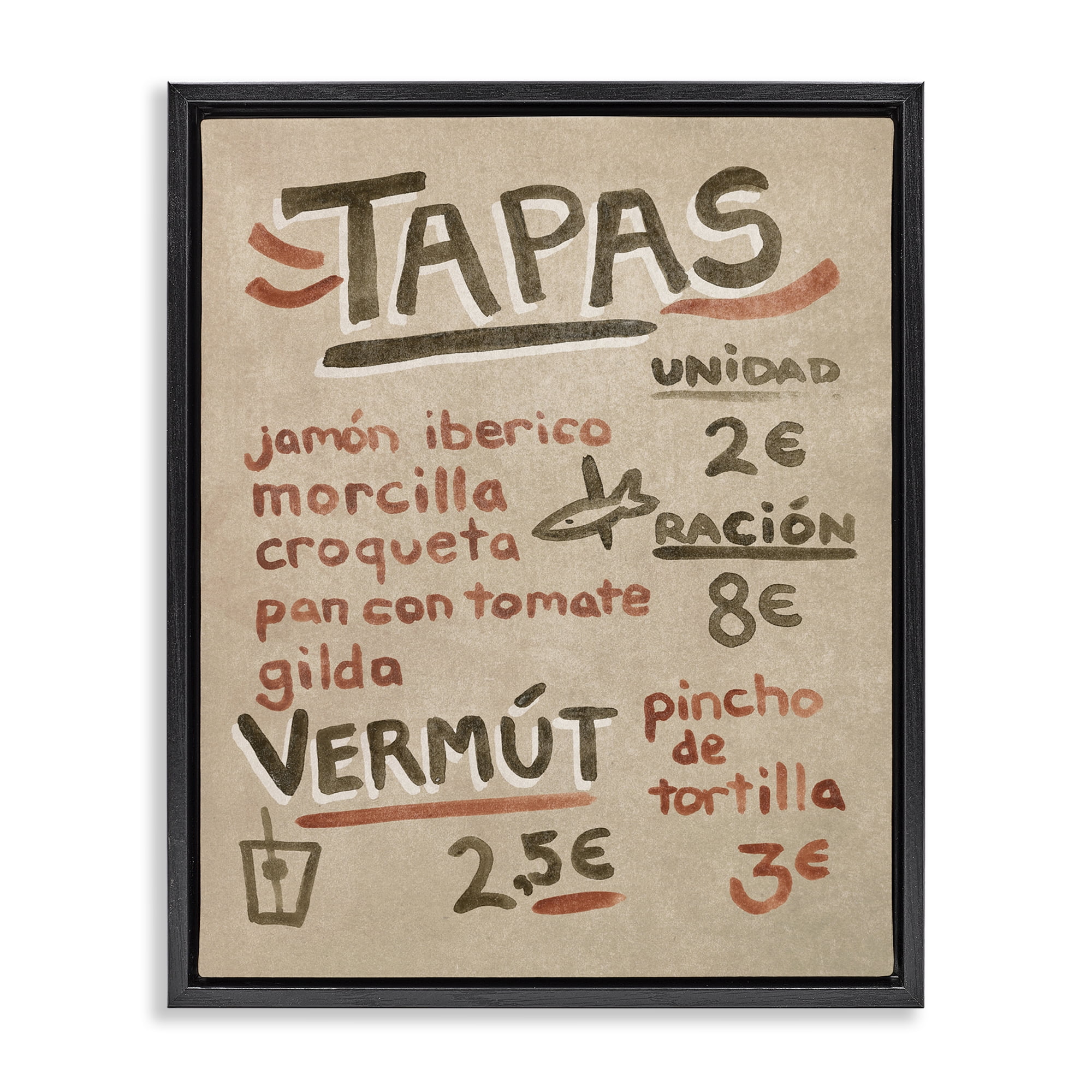 Stupell Industries Spanish Tapas Menu Food & Beverage Painting Black Floater Framed Canvas Art Print Wall Art, 25 x 31