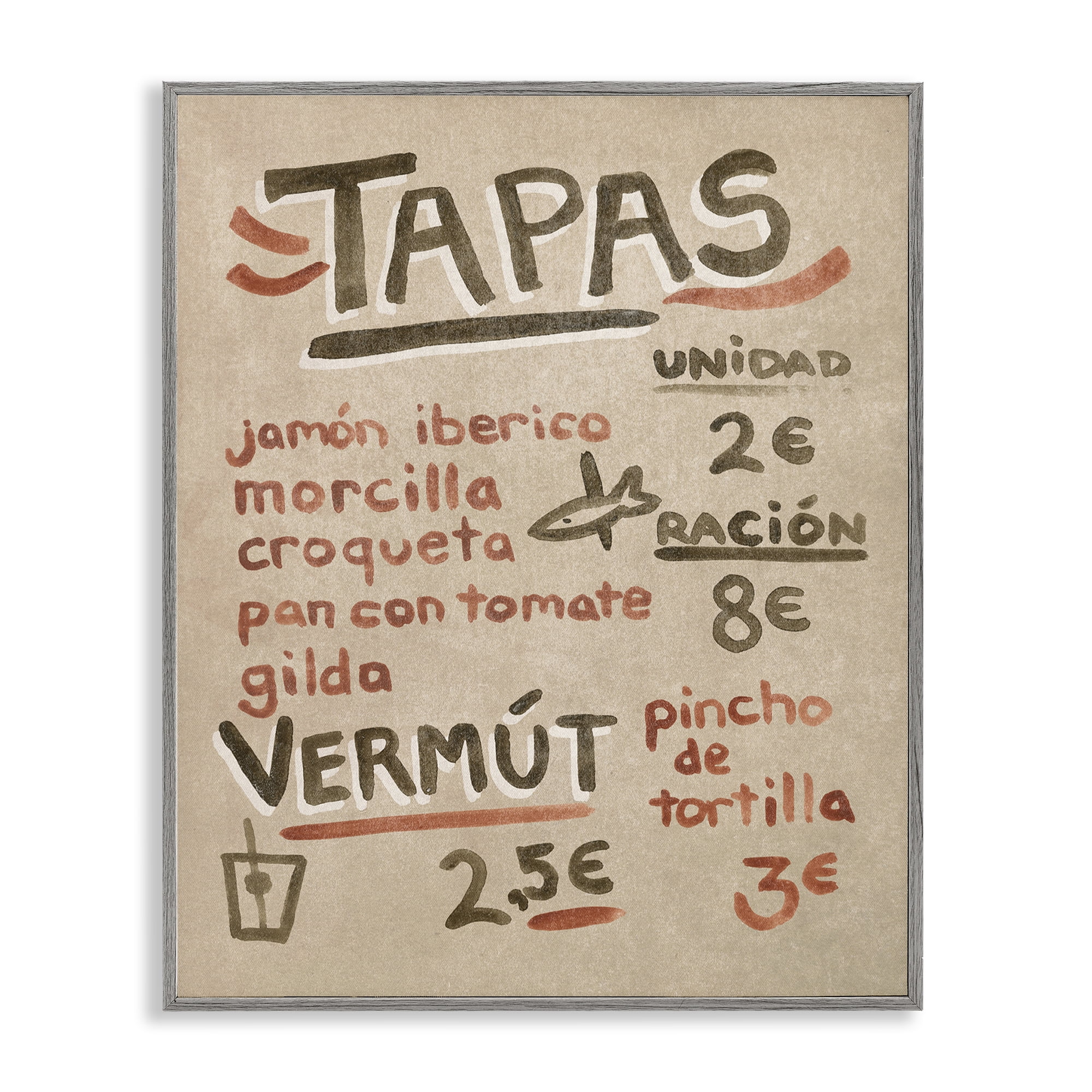 Stupell Industries Spanish Tapas Menu Food & Beverage Painting Gray Framed Art Print Wall Art, 24 x 30
