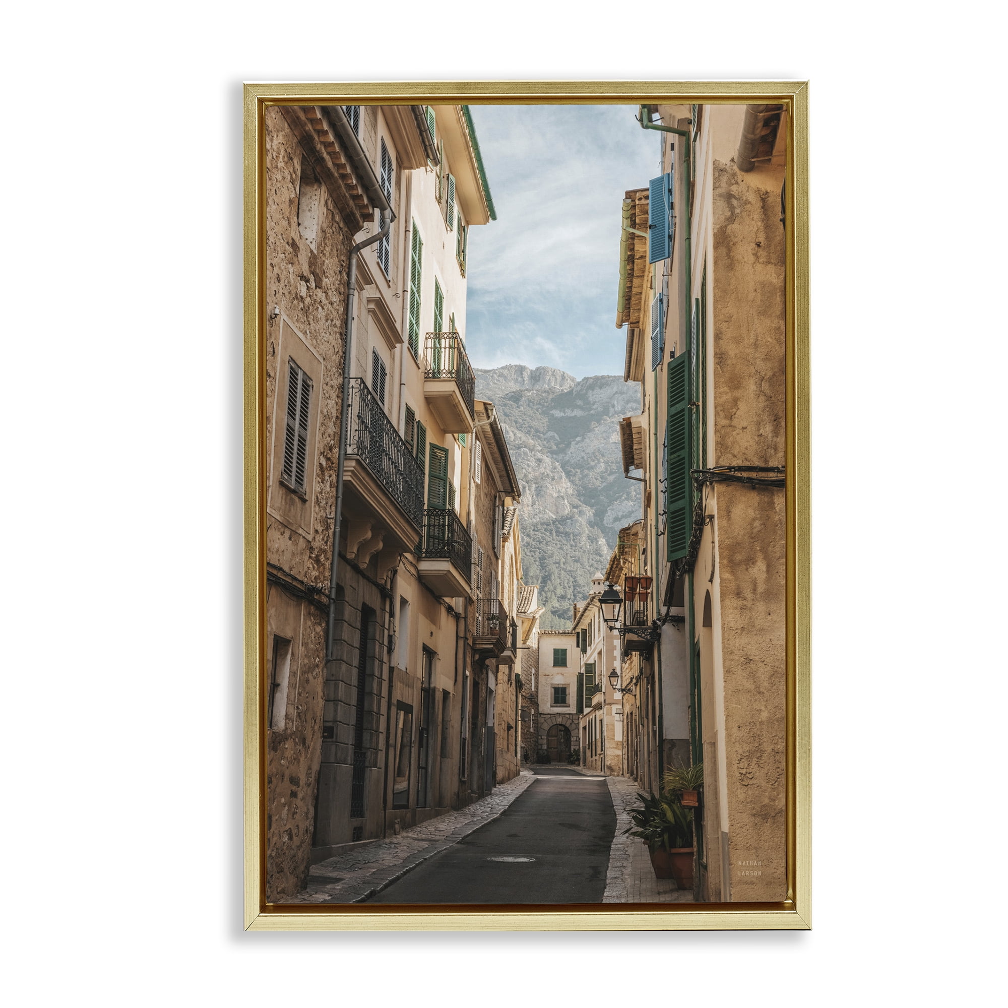 Stupell Industries Spanish Town Street Town & City Photography Gold Floater Framed Art Print Wall Art, 17 x 25