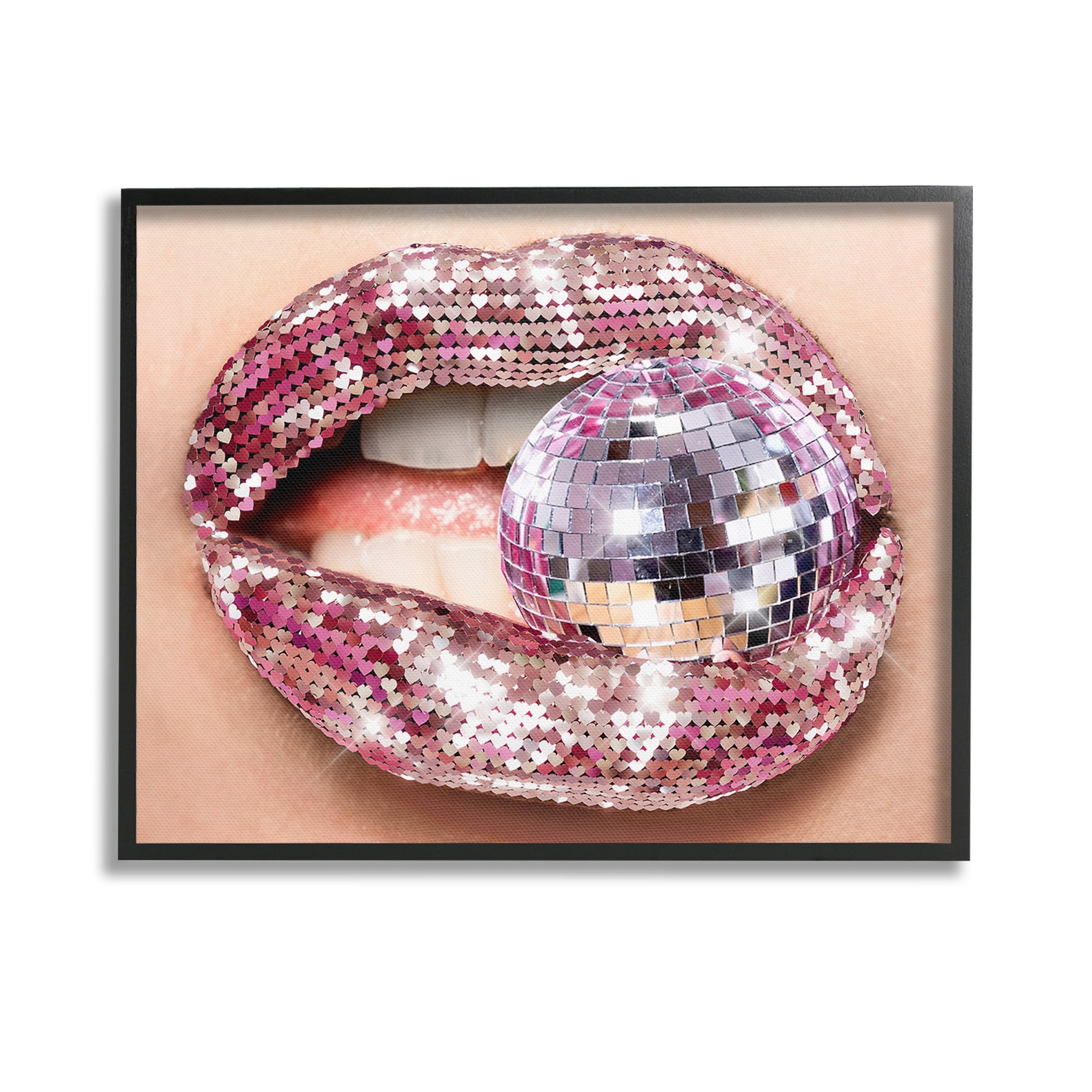 Stupell Industries Sparkle Lips & Disco Ball Novelty Painting Black Framed Art Print Wall Art, 14 x 11
