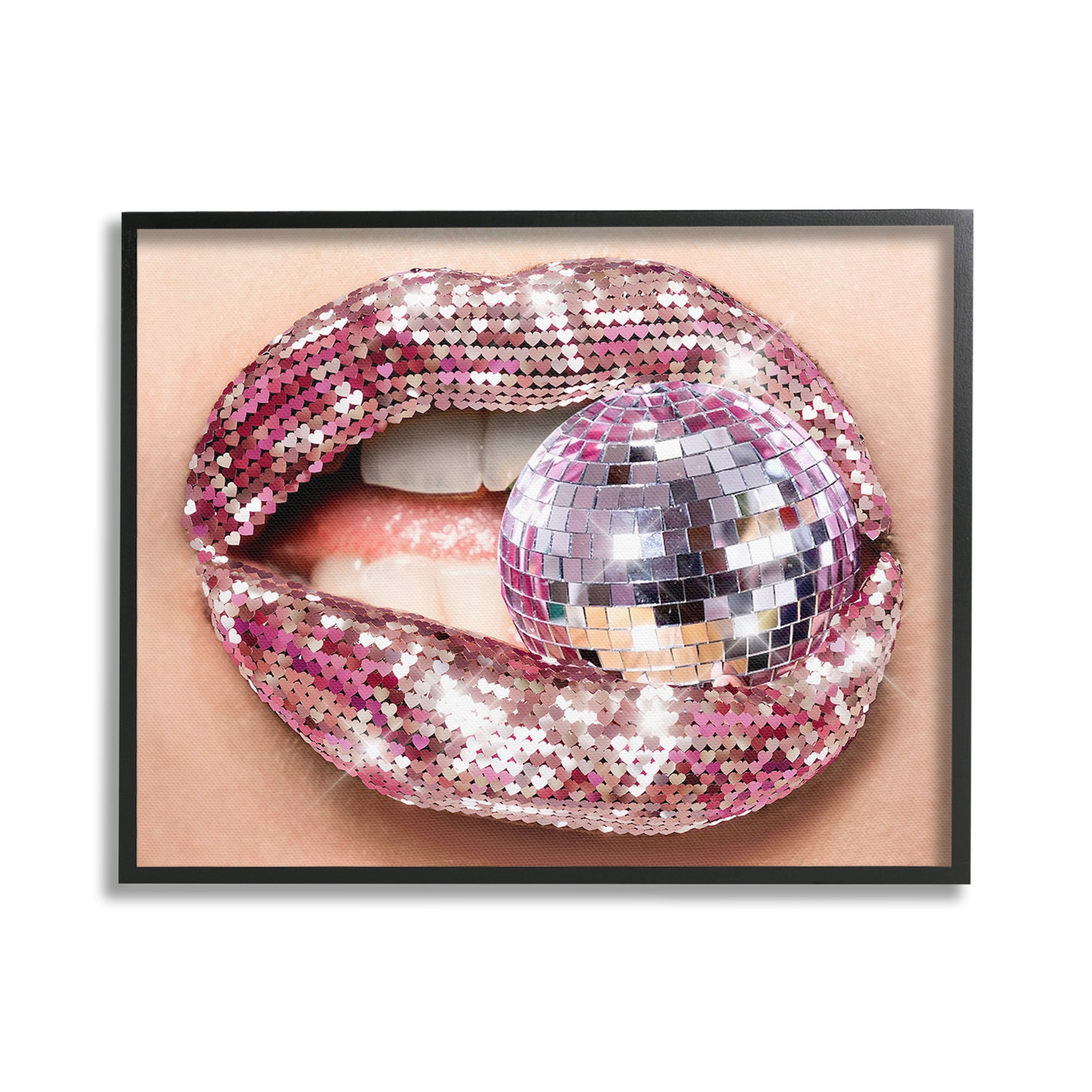 Stupell Industries Sparkle Lips & Disco Ball Novelty Painting Black Framed Art Print Wall Art, 30 x 24