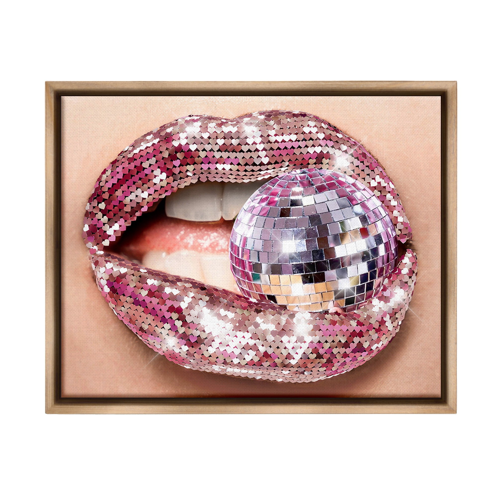 Stupell Industries Sparkle Lips & Disco Ball Novelty Painting Brown Floater Framed Canvas Art Print Wall Art, 21 x 17