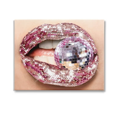 Stupell Industries Sparkle Lips & Disco Ball Novelty Painting Gallery Wrapped Canvas Art Print Wall Art, 20 x 16