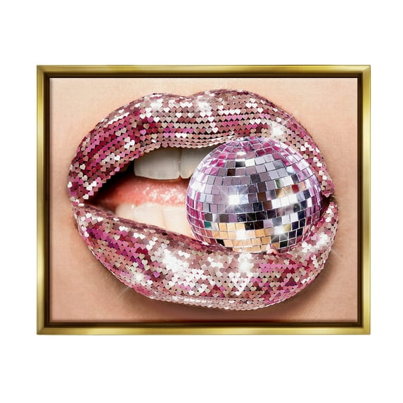 Stupell Industries Sparkle Lips & Disco Ball Novelty Painting Gold Floater Framed Canvas Art Print Wall Art, 31 x 25