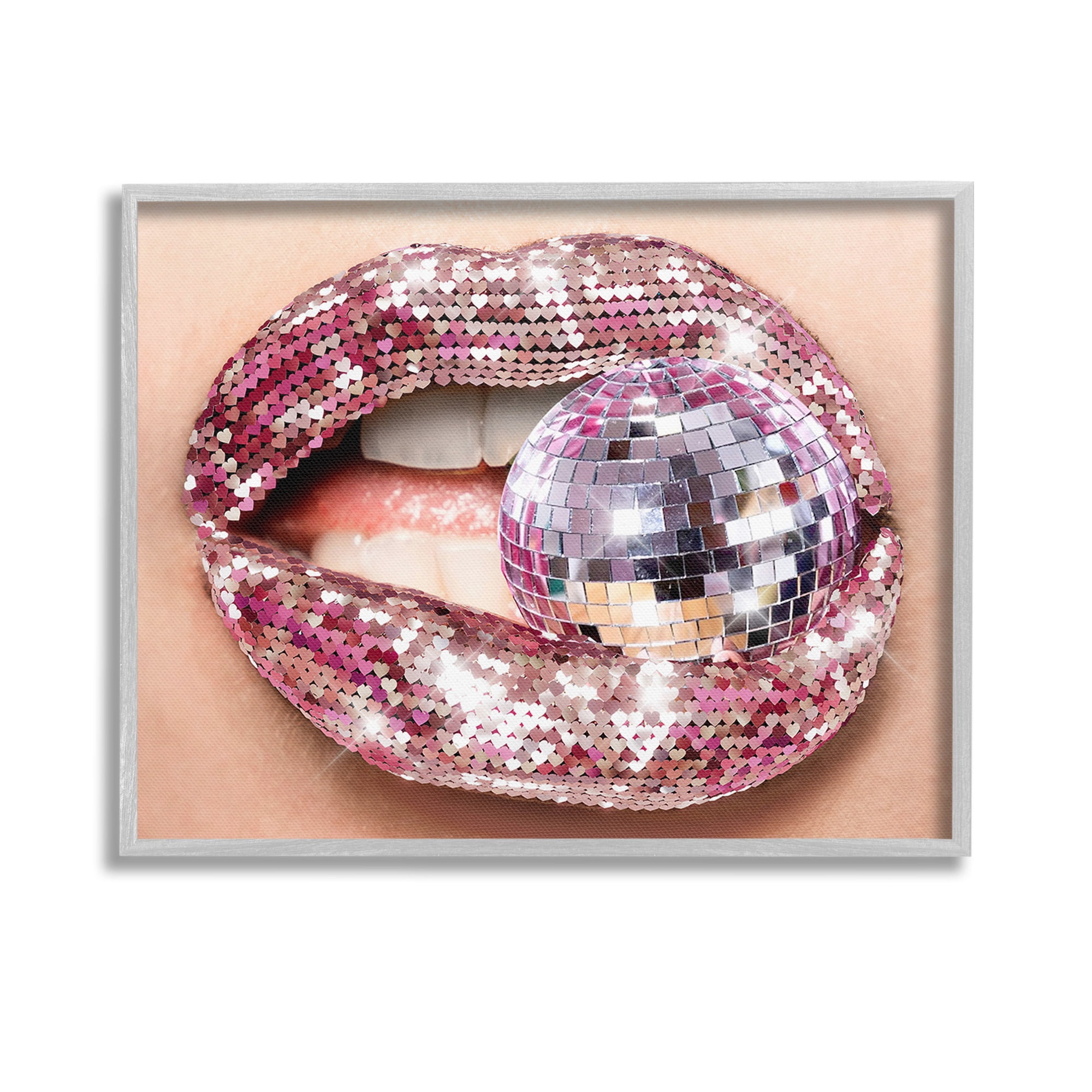 Stupell Industries Sparkle Lips & Disco Ball Novelty Painting Gray Framed Art Print Wall Art, 14 x 11