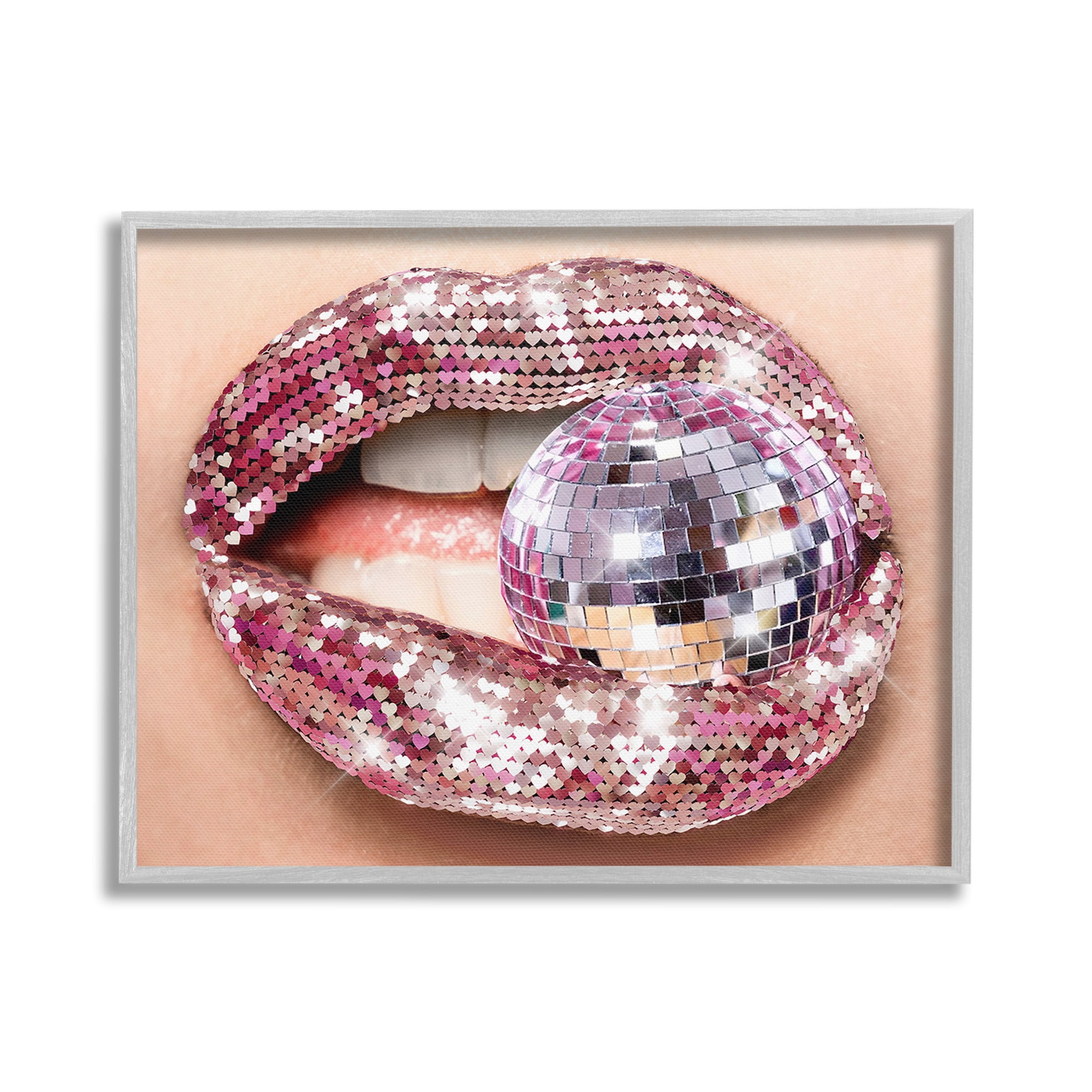 Stupell Industries Sparkle Lips & Disco Ball Novelty Painting Gray Framed Art Print Wall Art, 20 x 16
