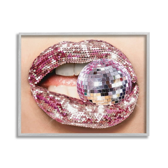 Stupell Industries Sparkle Lips & Disco Ball Novelty Painting Gray Framed Art Print Wall Art, 30 x 24