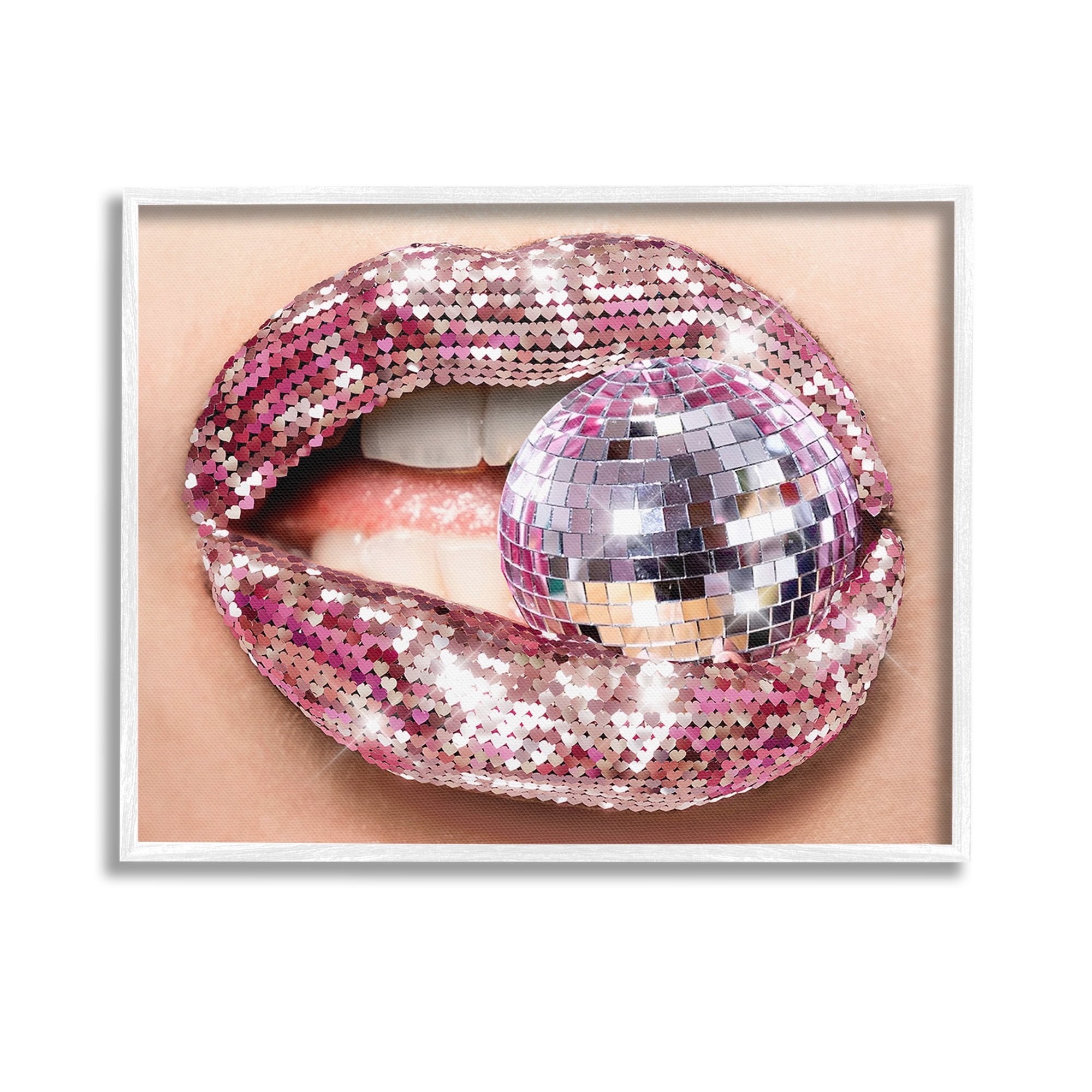 Stupell Industries Sparkle Lips & Disco Ball Novelty Painting White Framed Art Print Wall Art, 14 x 11