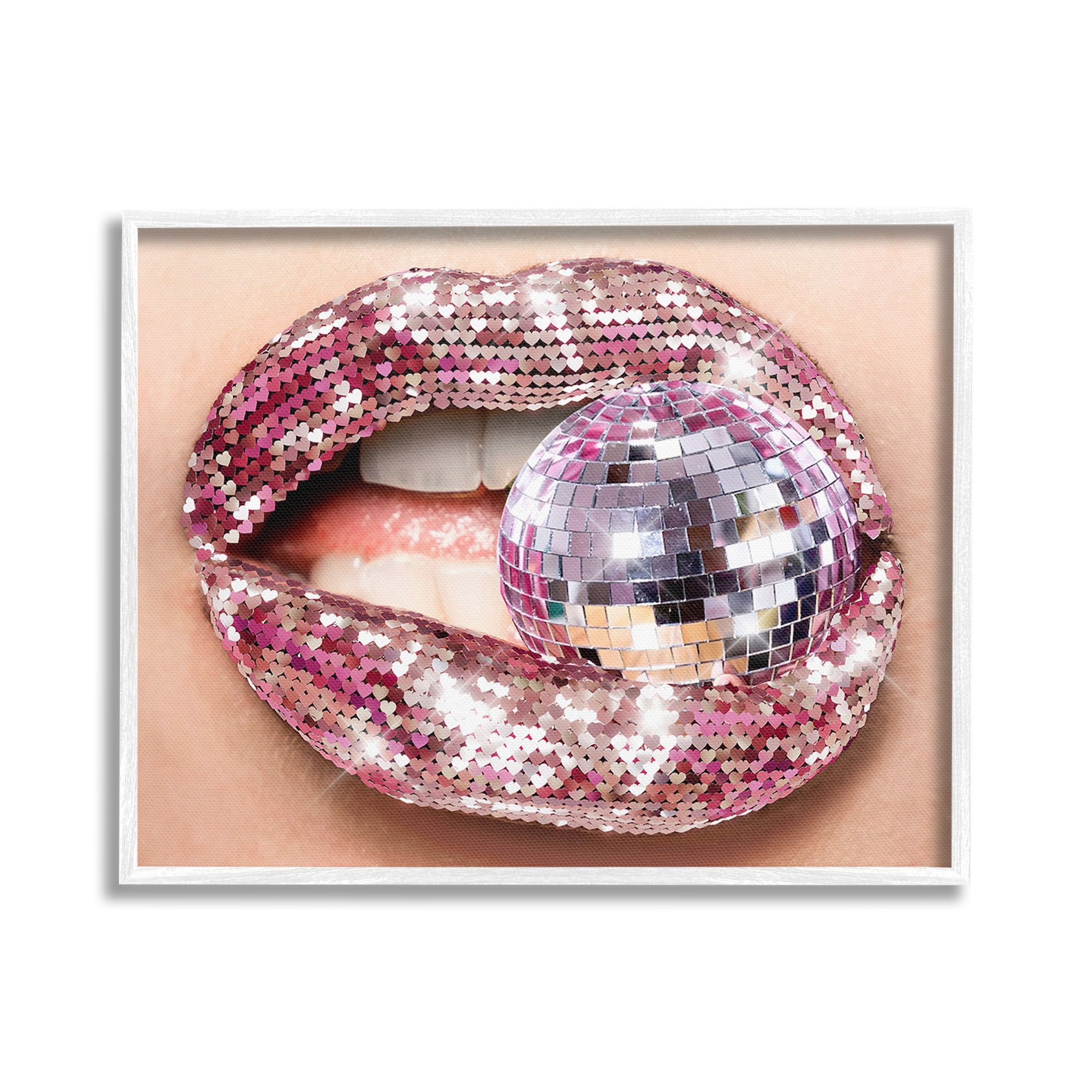 Stupell Industries Sparkle Lips & Disco Ball Novelty Painting White Framed Art Print Wall Art, 30 x 24