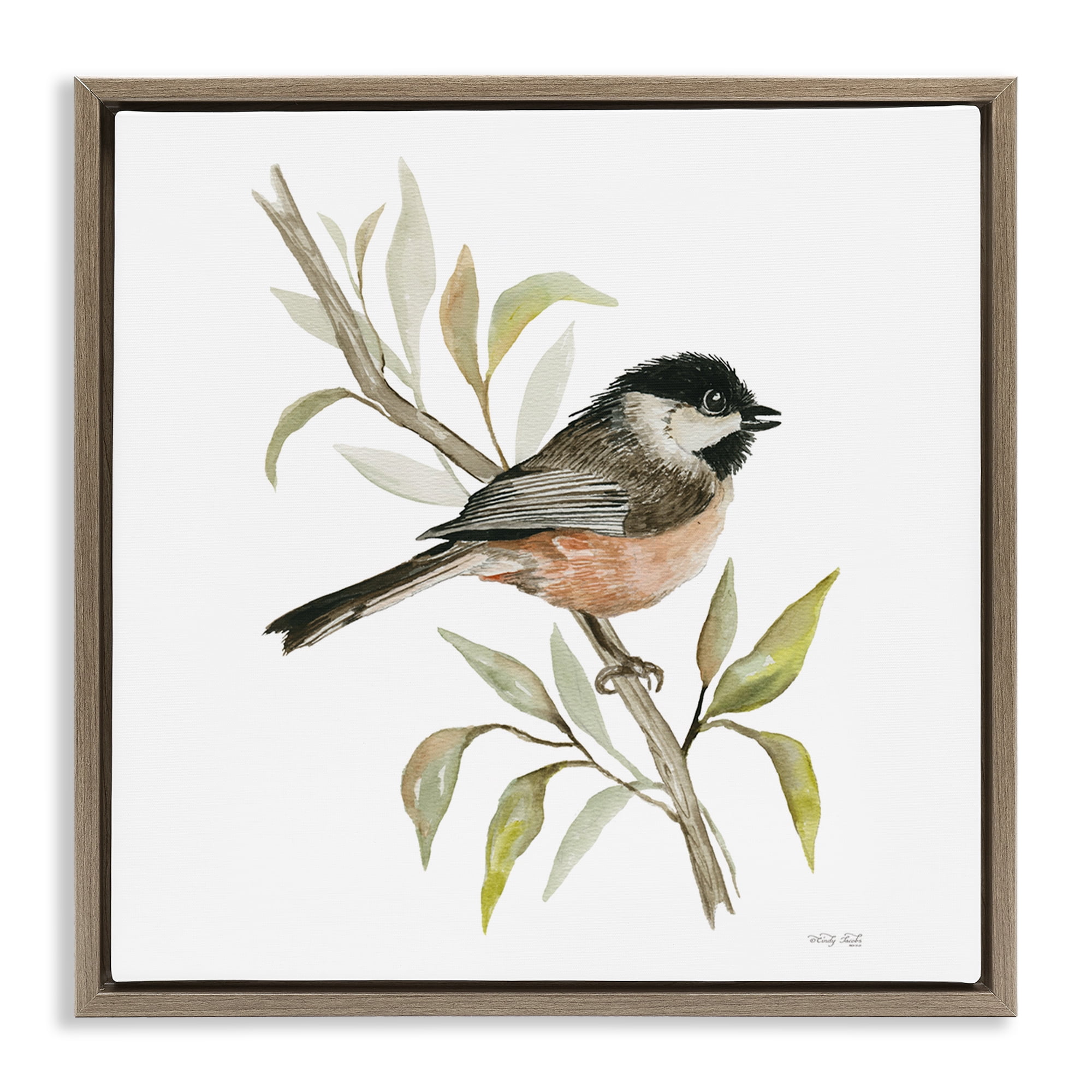 Stupell Industries Sparrow on Branch Animals & Insects Painting Brown Floater Framed Canvas Art Print Wall Art, 25 x 25
