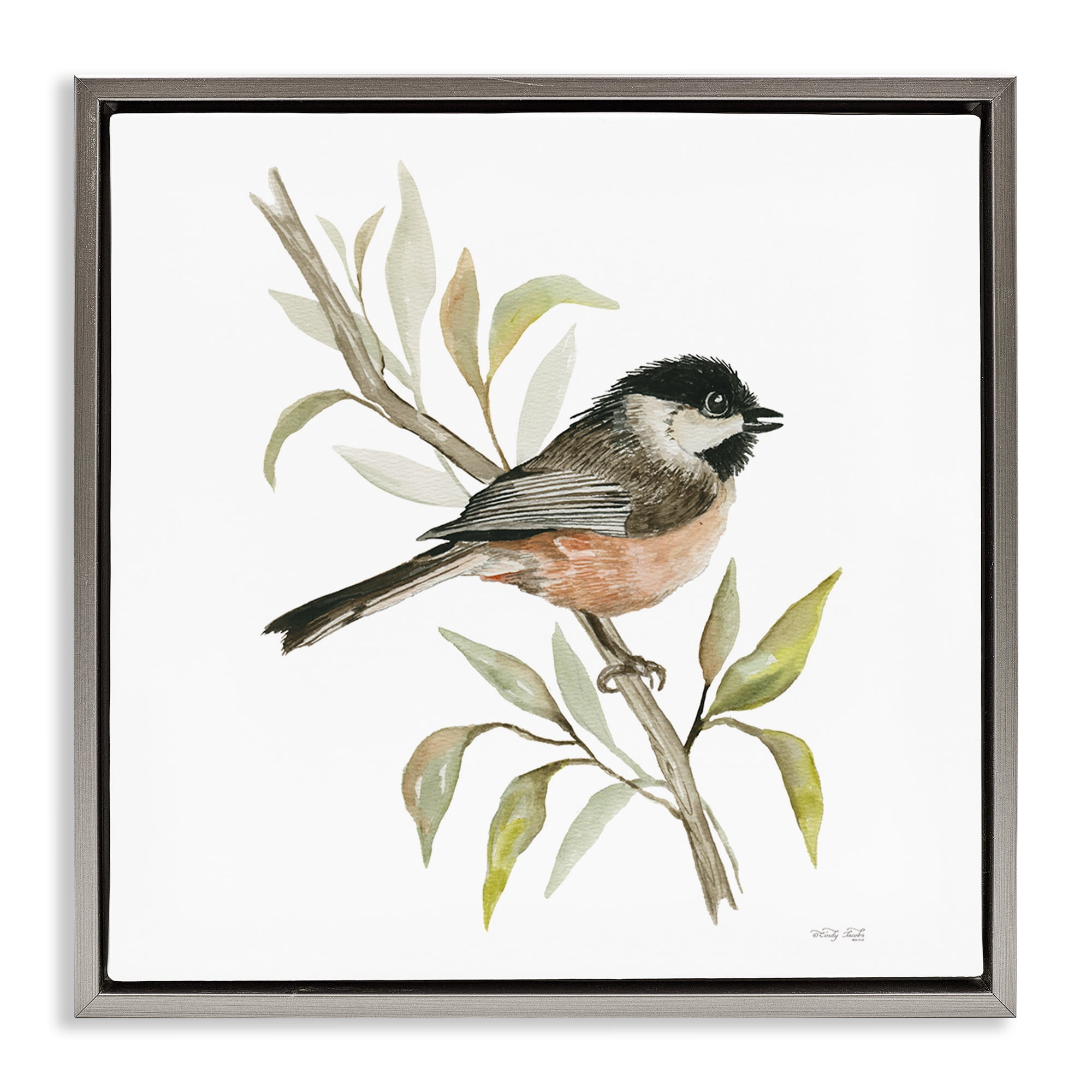 Stupell Industries Sparrow on Branch Animals & Insects Painting Gray Floater Framed Canvas Art Print Wall Art, 18 x 18