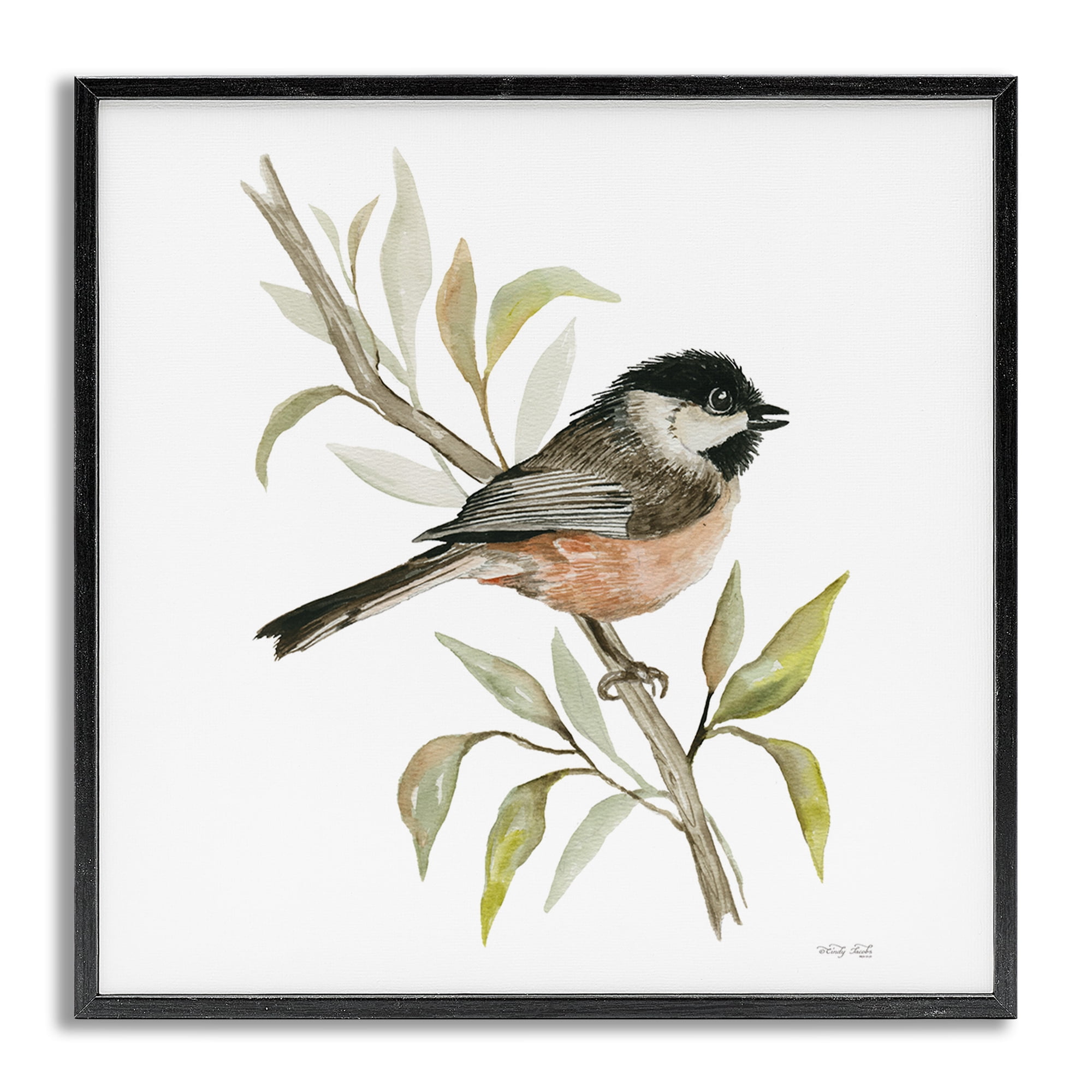 Stupell Industries Sparrow on Branch Animals & Insects Painting Gray Framed Art Print Wall Art, 12 x 12