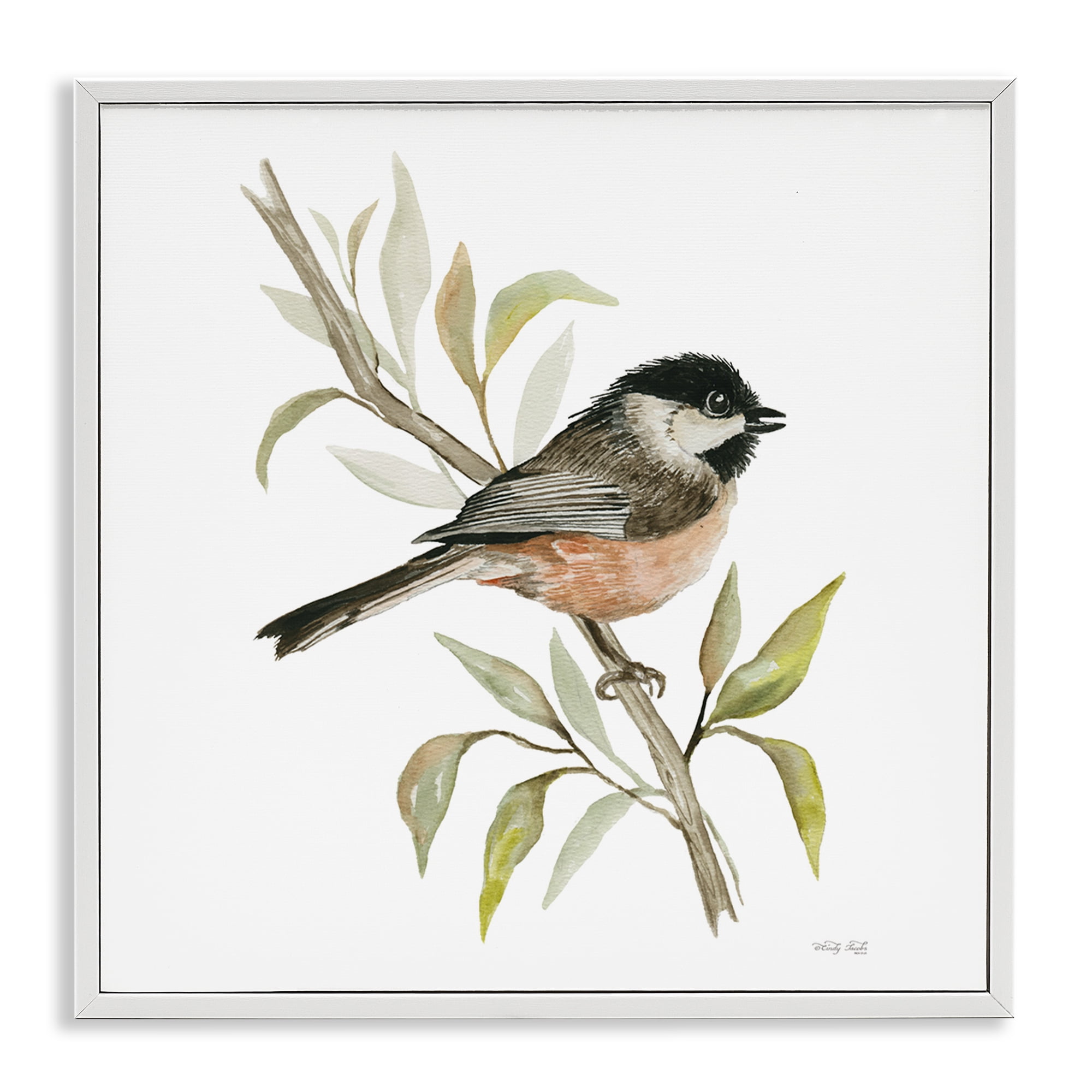 Stupell Industries Sparrow on Branch Animals & Insects Painting White Framed Art Print Wall Art, 24 x 24
