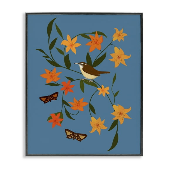 Stupell Industries Sparrow on Lily Bunches Plants & Flowers Painting Black Framed Art Print Wall Art, 11 x 14