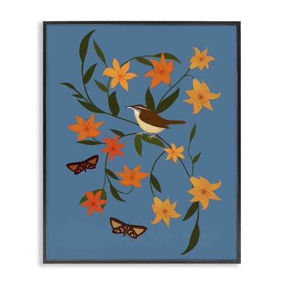 Stupell Industries Sparrow on Lily Bunches Plants & Flowers Painting Black Framed Art Print Wall Art, 16 x 20