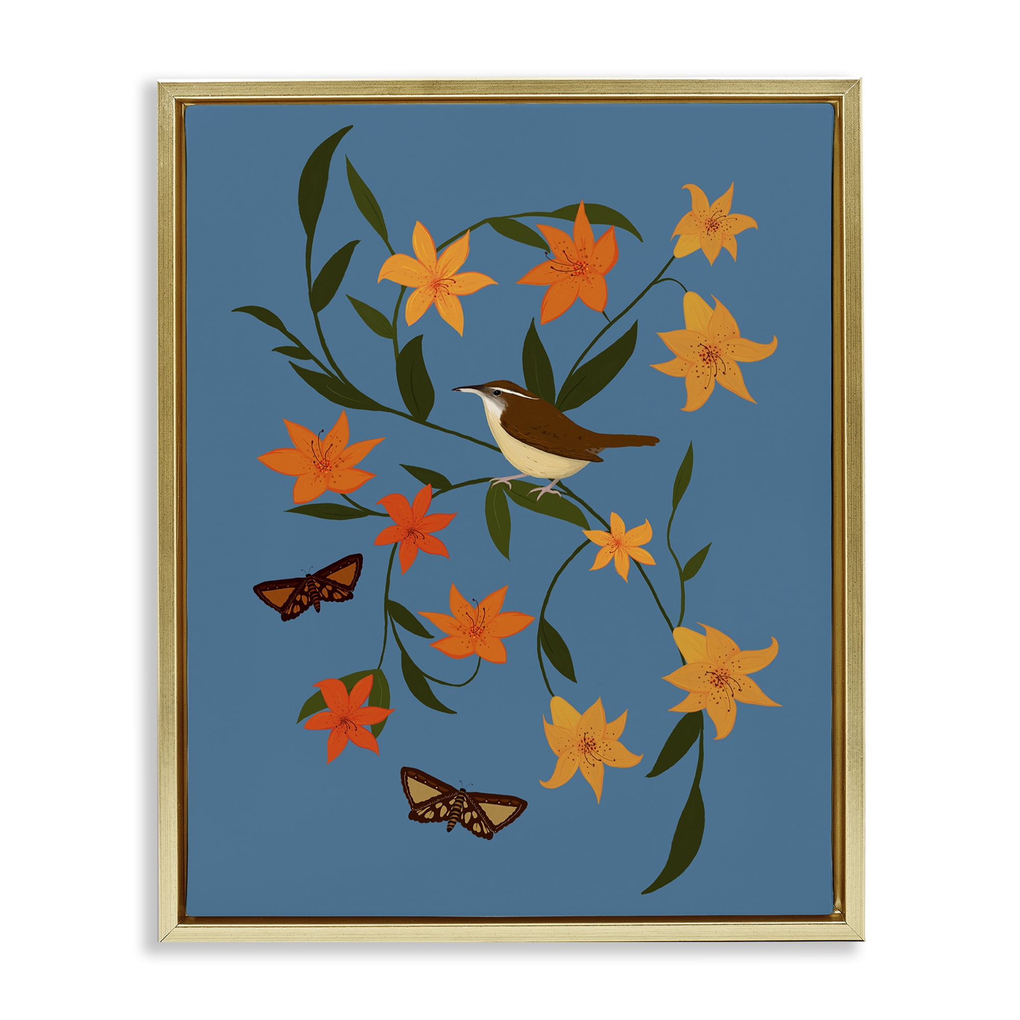 Stupell Industries Sparrow on Lily Bunches Plants & Flowers Painting Gold Floater Framed Canvas Art Print Wall Art, 17 x 21