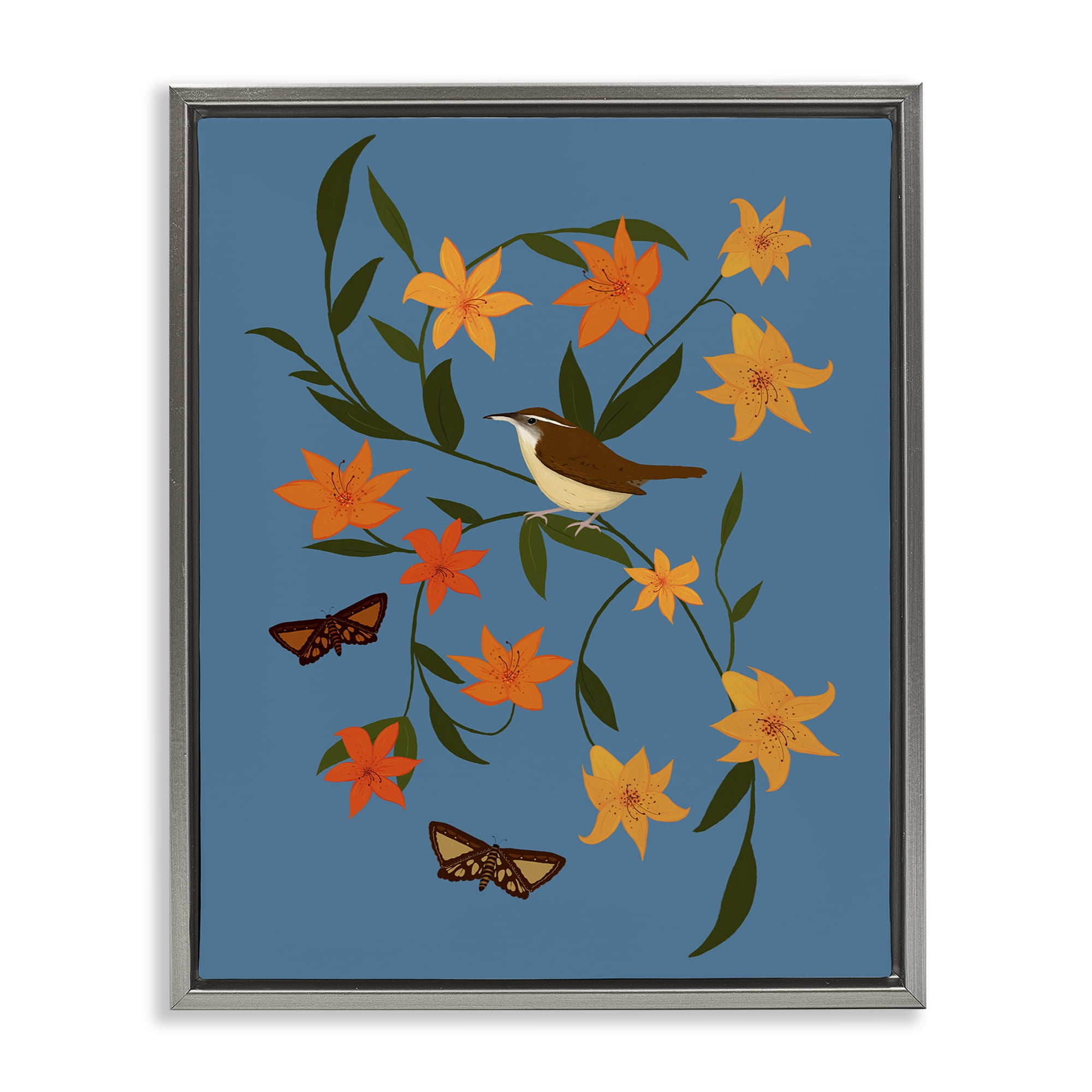 Stupell Industries Sparrow on Lily Bunches Plants & Flowers Painting Gray Floater Framed Canvas Art Print Wall Art, 25 x 31