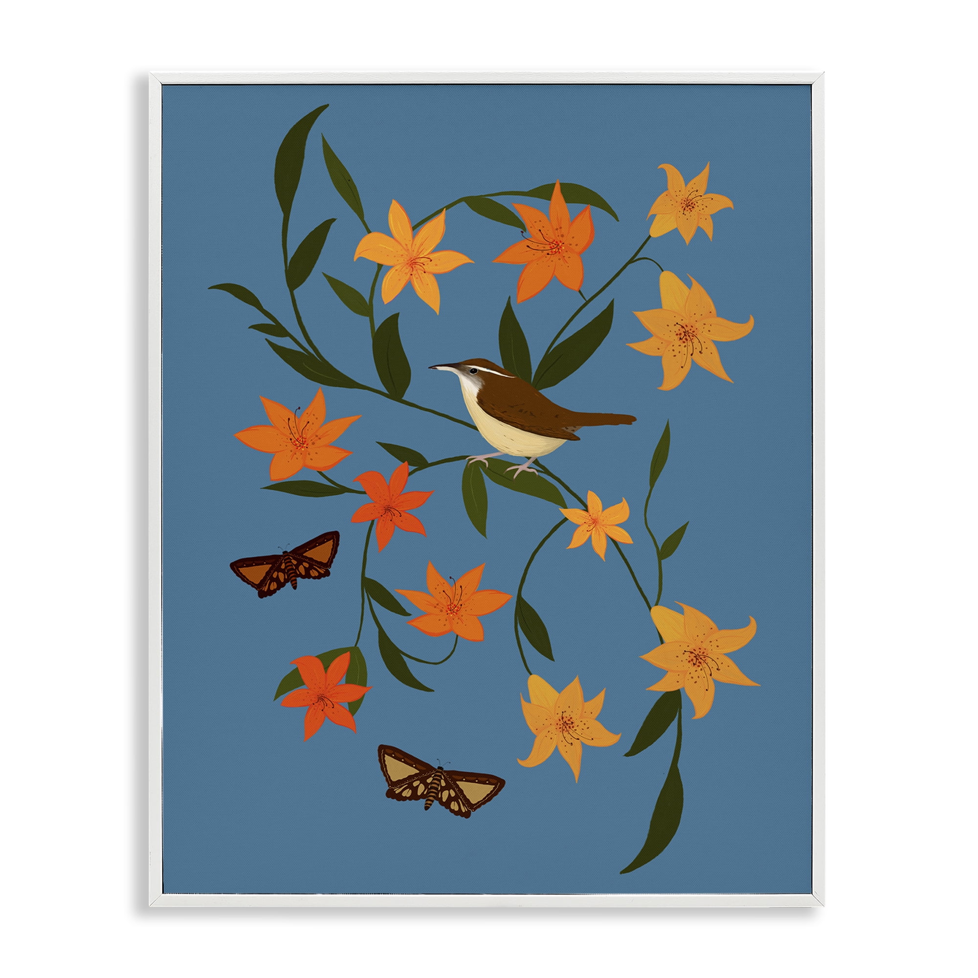 Stupell Industries Sparrow on Lily Bunches Plants & Flowers Painting White Framed Art Print Wall Art, 16 x 20