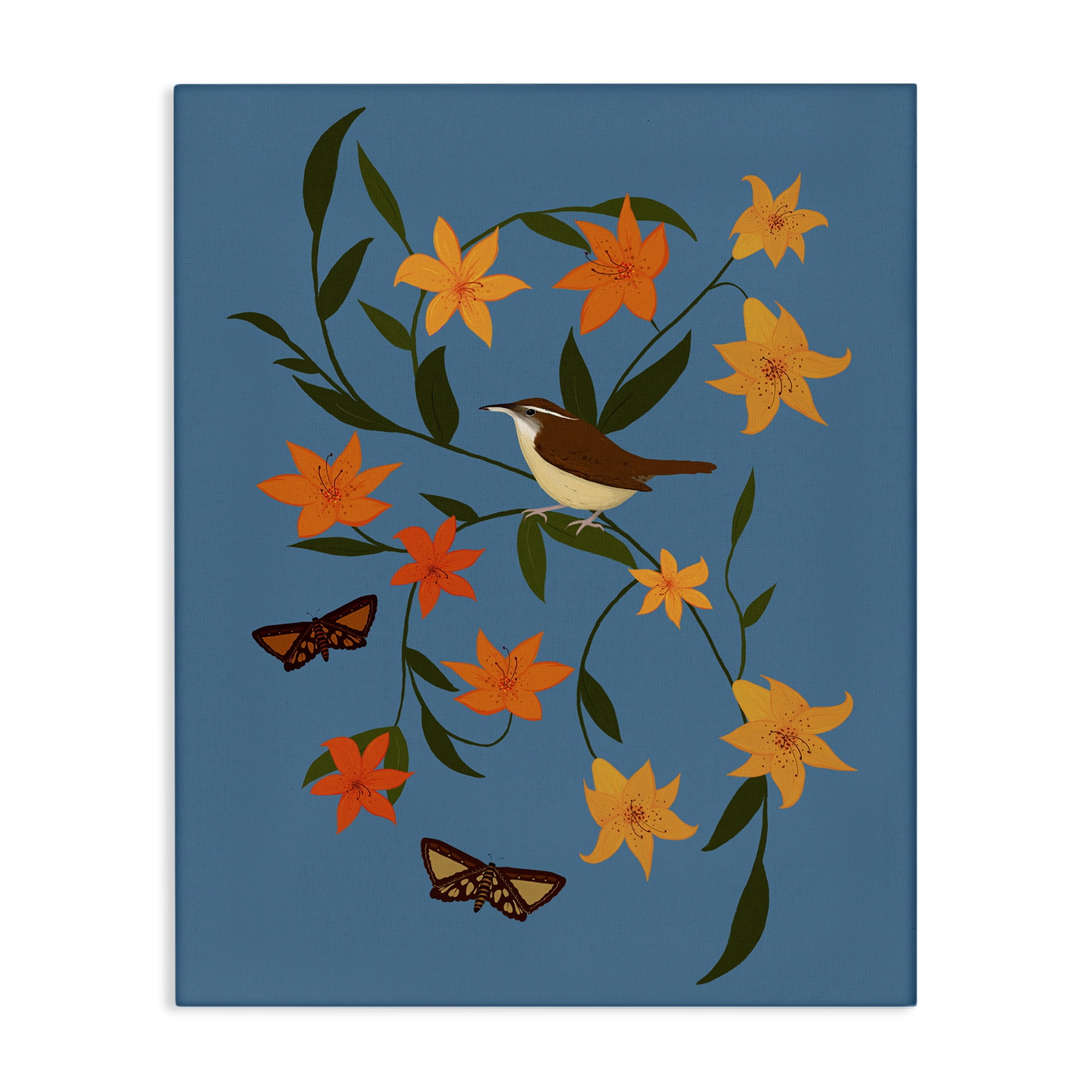 Stupell Industries Sparrow on Lily Bunches Plants & Flowers Painting Wrapped Canvas Art Print Wall Art, 16 x 20