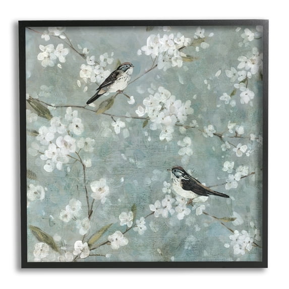 Stupell Industries Sparrows & Cherry Blossoms Animals & Insects Painting Black Framed Art Print Wall Art, 17 x 17
