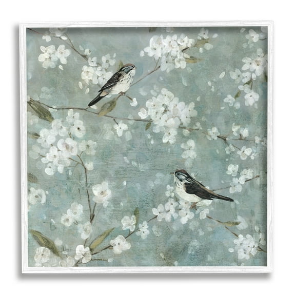 Stupell Industries Sparrows & Cherry Blossoms Animals & Insects Painting White Framed Art Print Wall Art, 17 x 17