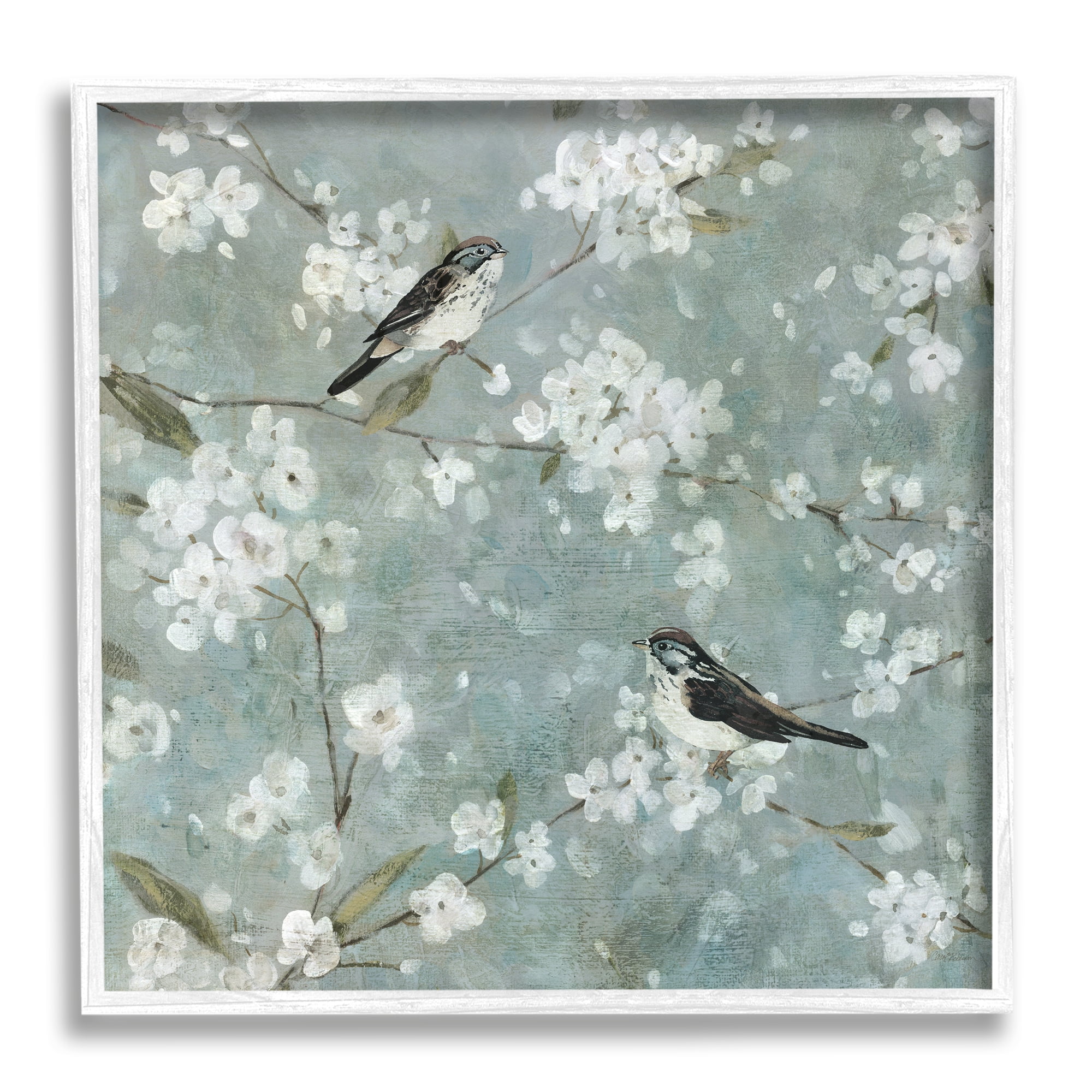 Stupell Industries Sparrows & Cherry Blossoms Animals & Insects Painting White Framed Art Print Wall Art, 24 x 24
