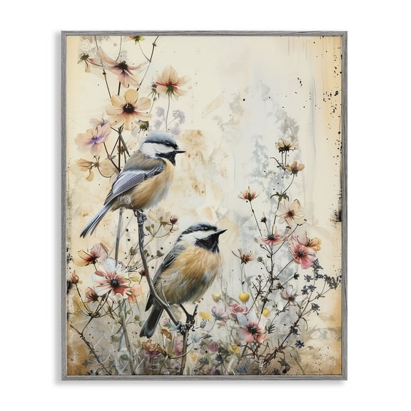 Stupell Industries Sparrows Perched on Florals Animals Painting Gray Framed Art Print Wall Art, 11 x 14