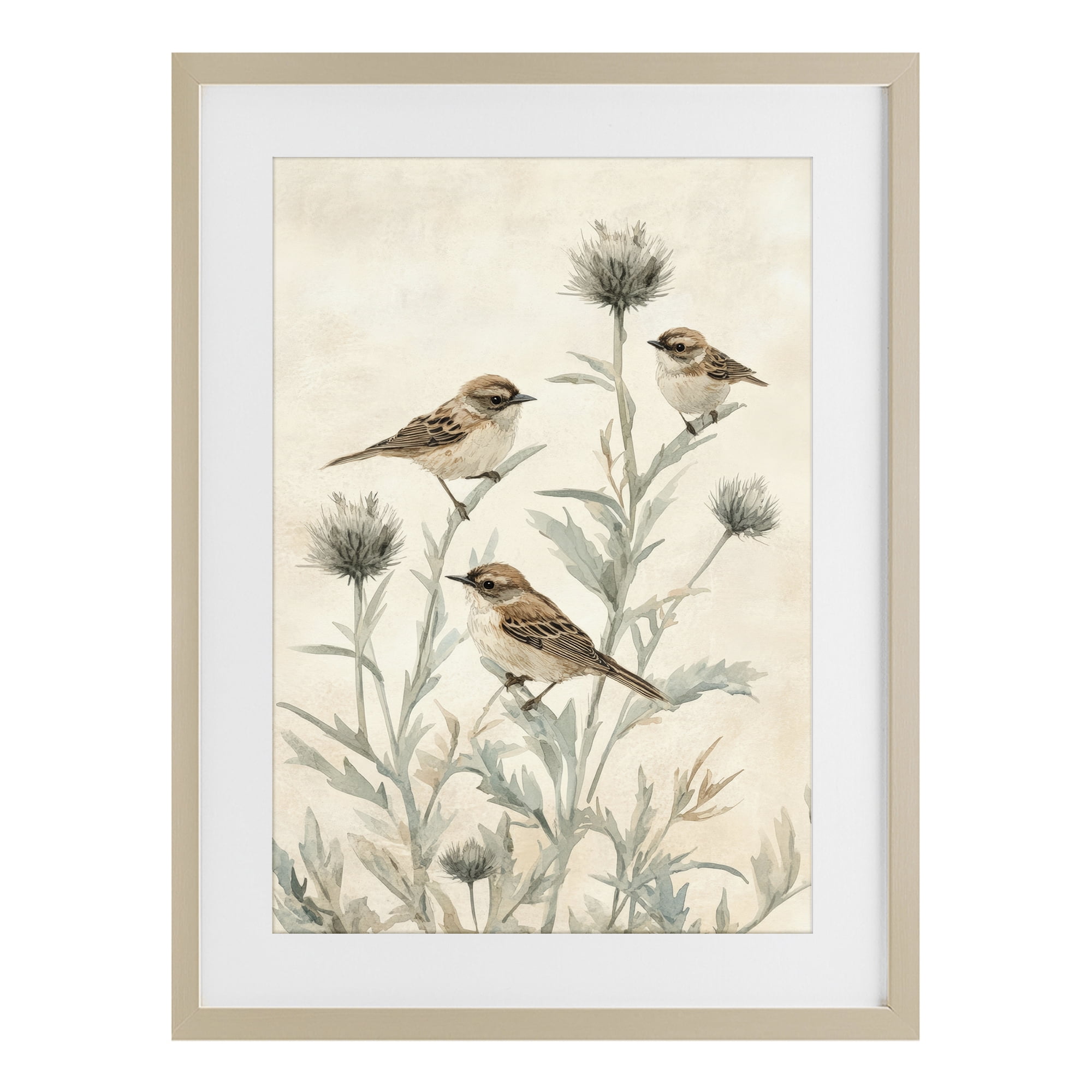 Stupell Industries Sparrows on Thistle Stems Birch Framed Print Under Glass, design by Petal Prints Design