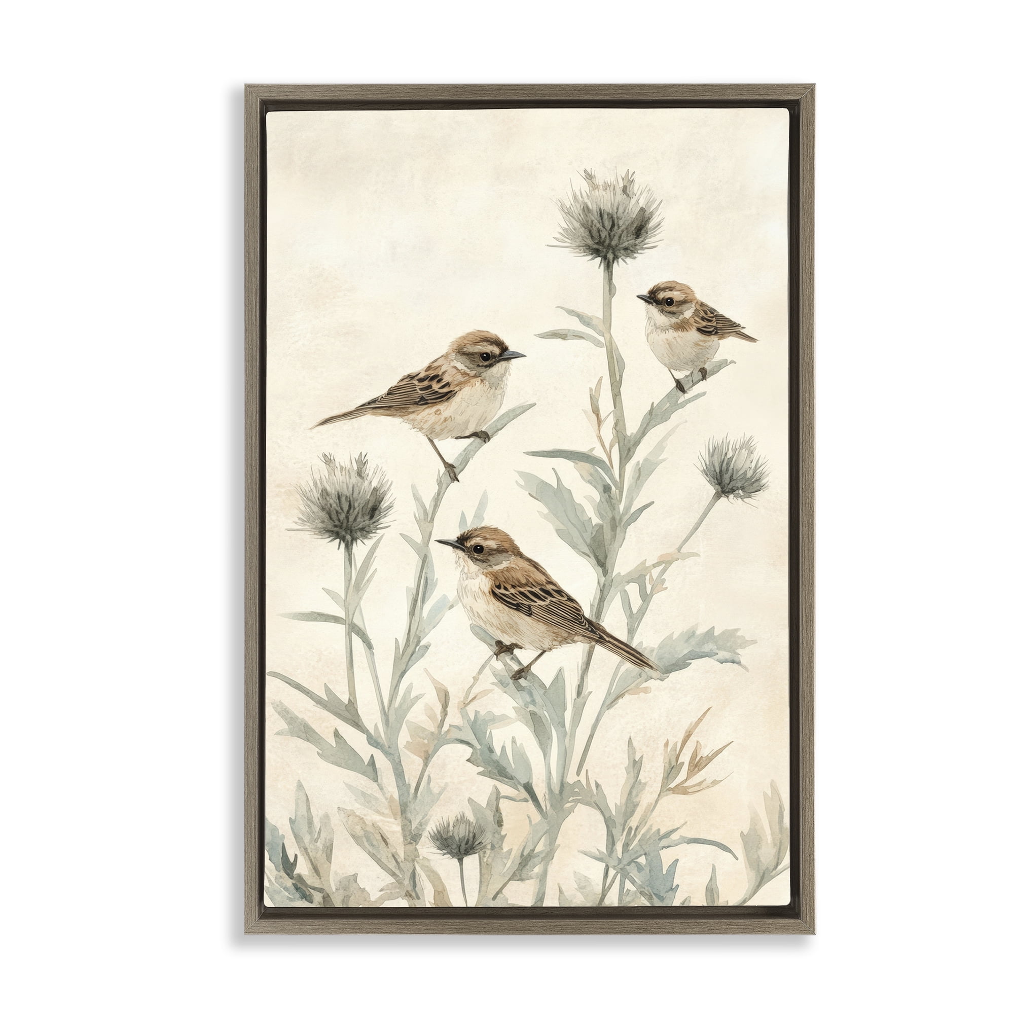 Stupell Industries Sparrows on Thistle Stems Brown Framed Floater Canvas Wall Art, design by Petal Prints Design