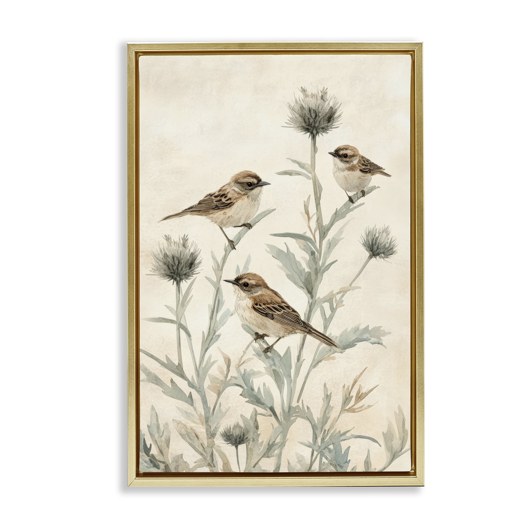 Stupell Industries Sparrows on Thistle Stems Gold Framed Floater Canvas Wall Art, design by Petal Prints Design