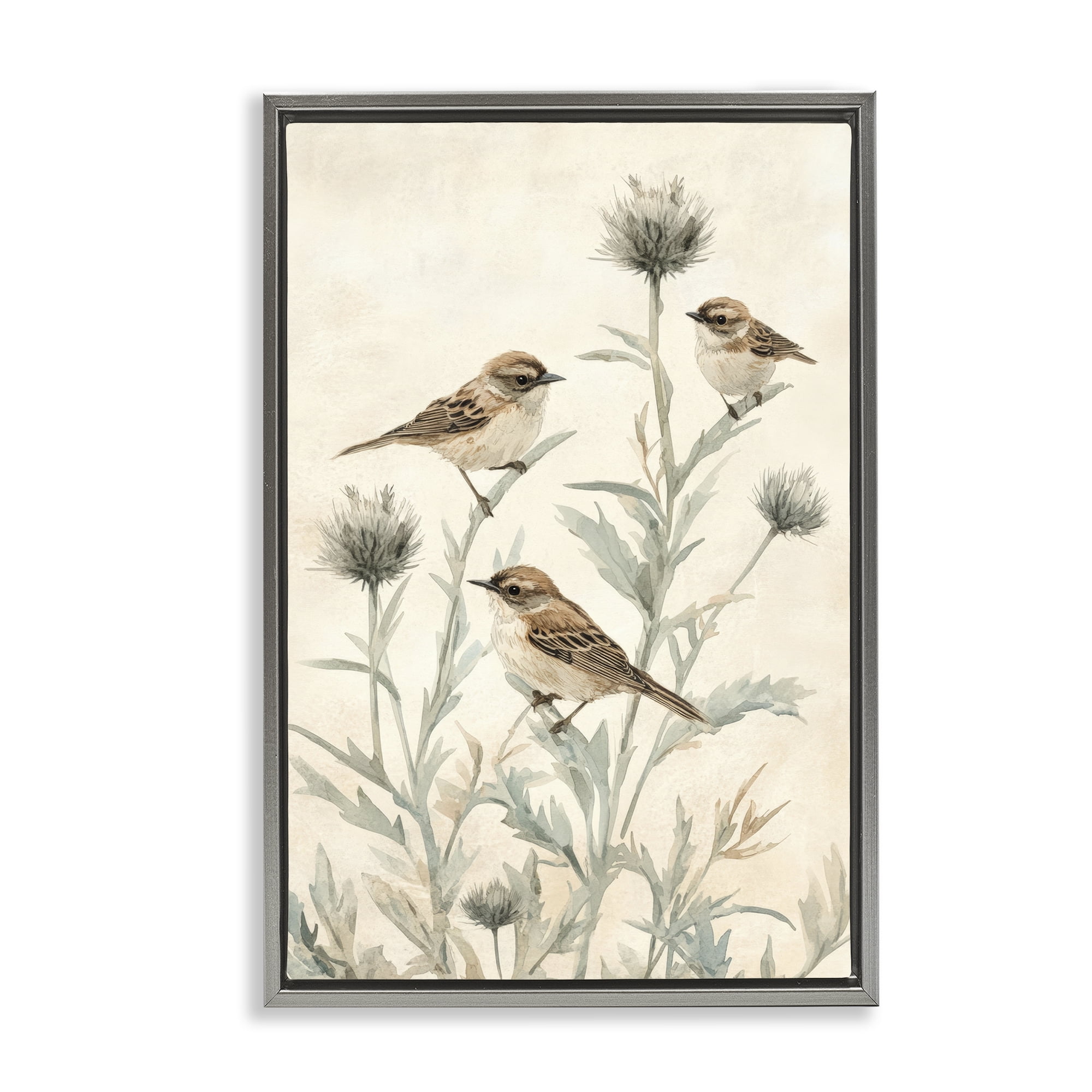 Stupell Industries Sparrows on Thistle Stems Gray Framed Floater Canvas Wall Art, design by Petal Prints Design