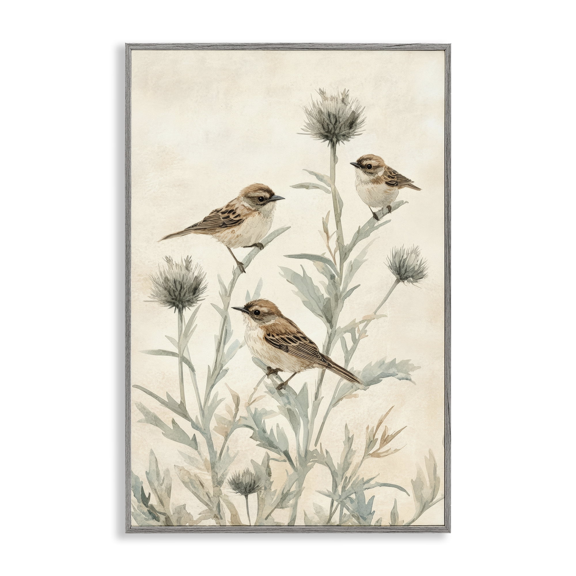 Stupell Industries Sparrows on Thistle Stems Gray Framed Giclee Art, design by Petal Prints Design