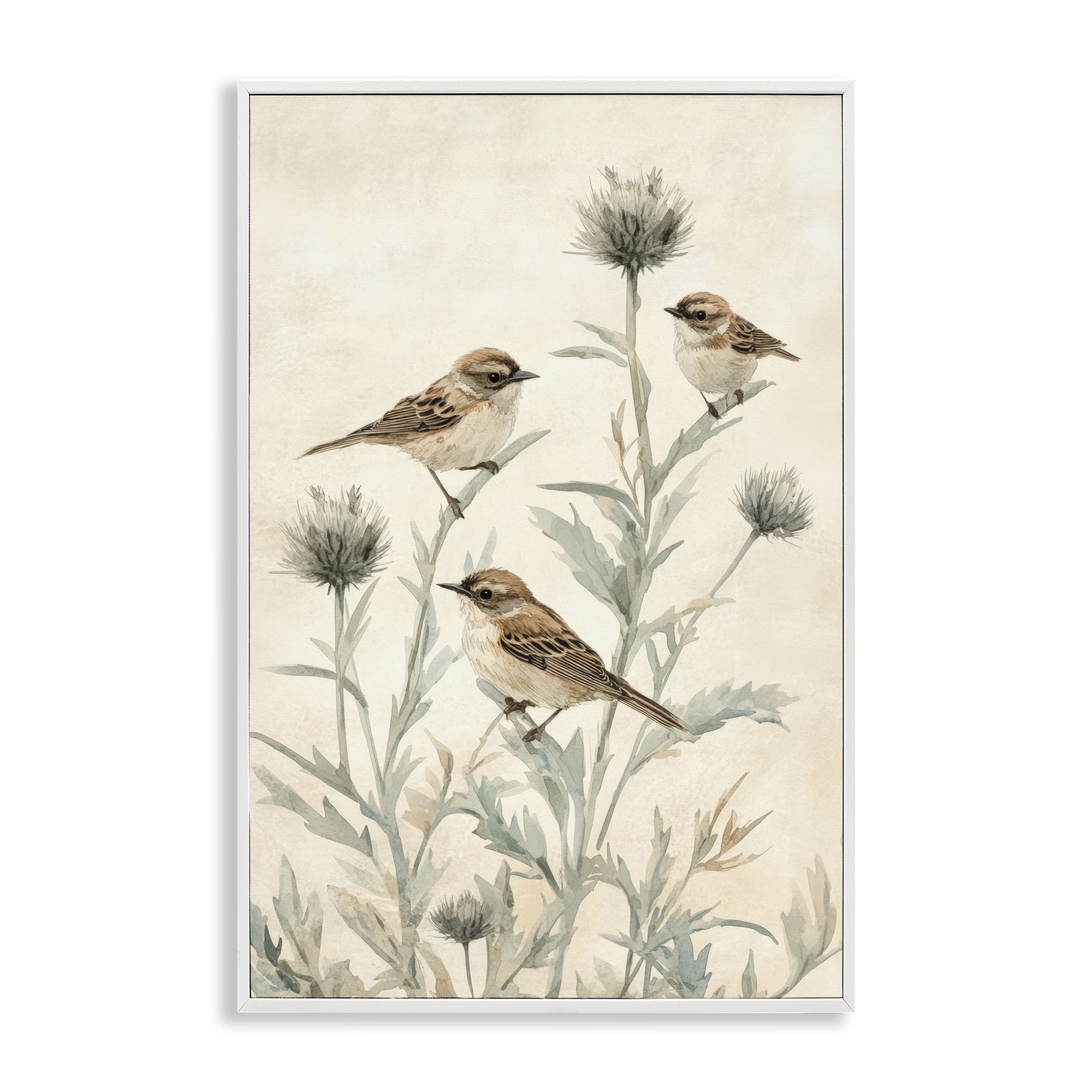 Stupell Industries Sparrows on Thistle Stems White Framed Giclee Art, design by Petal Prints Design