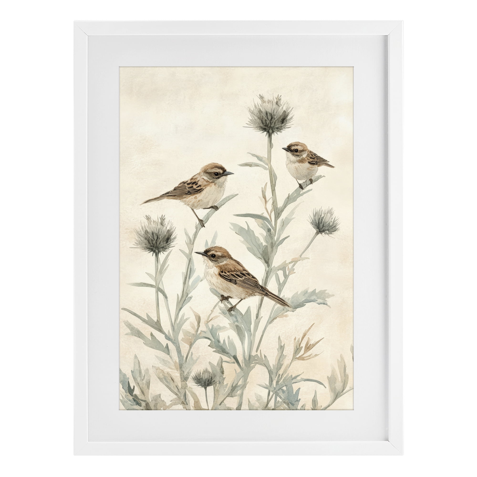 Stupell Industries Sparrows on Thistle Stems White Framed Print Under Glass, design by Petal Prints Design