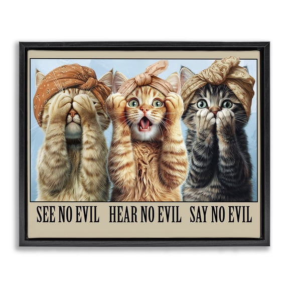 Stupell Industries Speak No Evil Cats Black Framed Floater Canvas Wall Art design by Jim Baldwin, 17 x 21