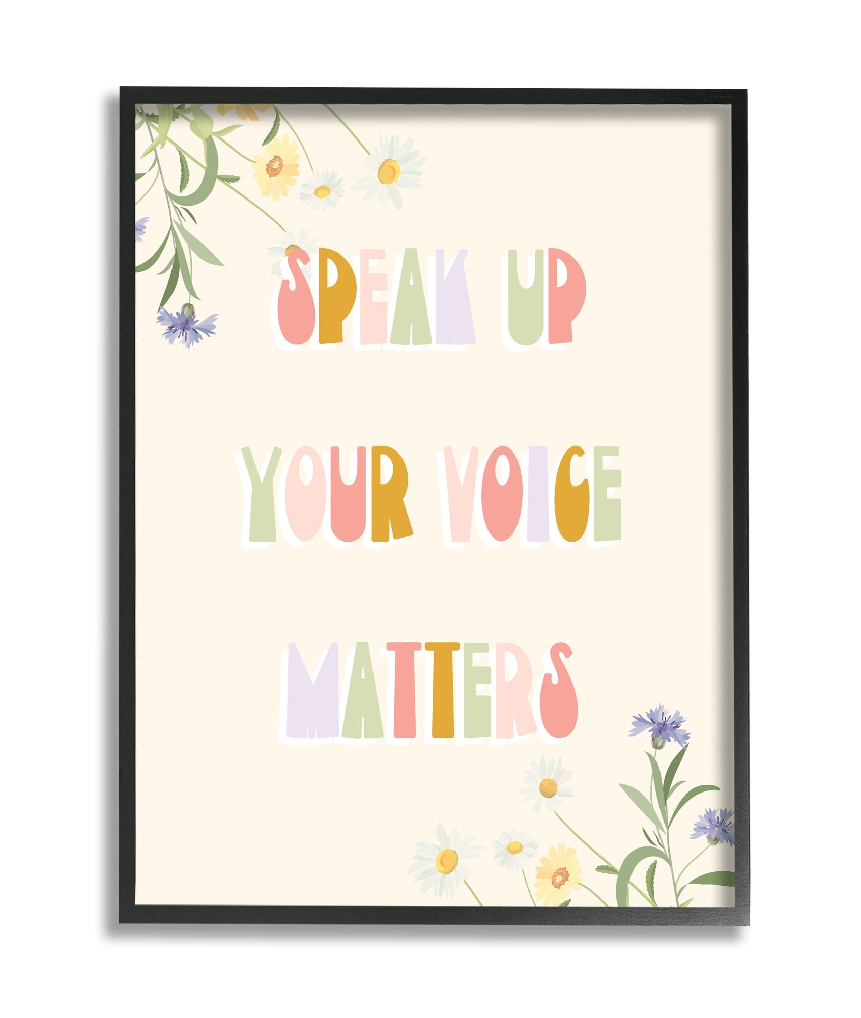 Stupell Industries Speak Up Your Voice Matters Quote Spring Wildflowers Botanical & Floral Painting Black Framed Art Print Wall Art, 11 x 14