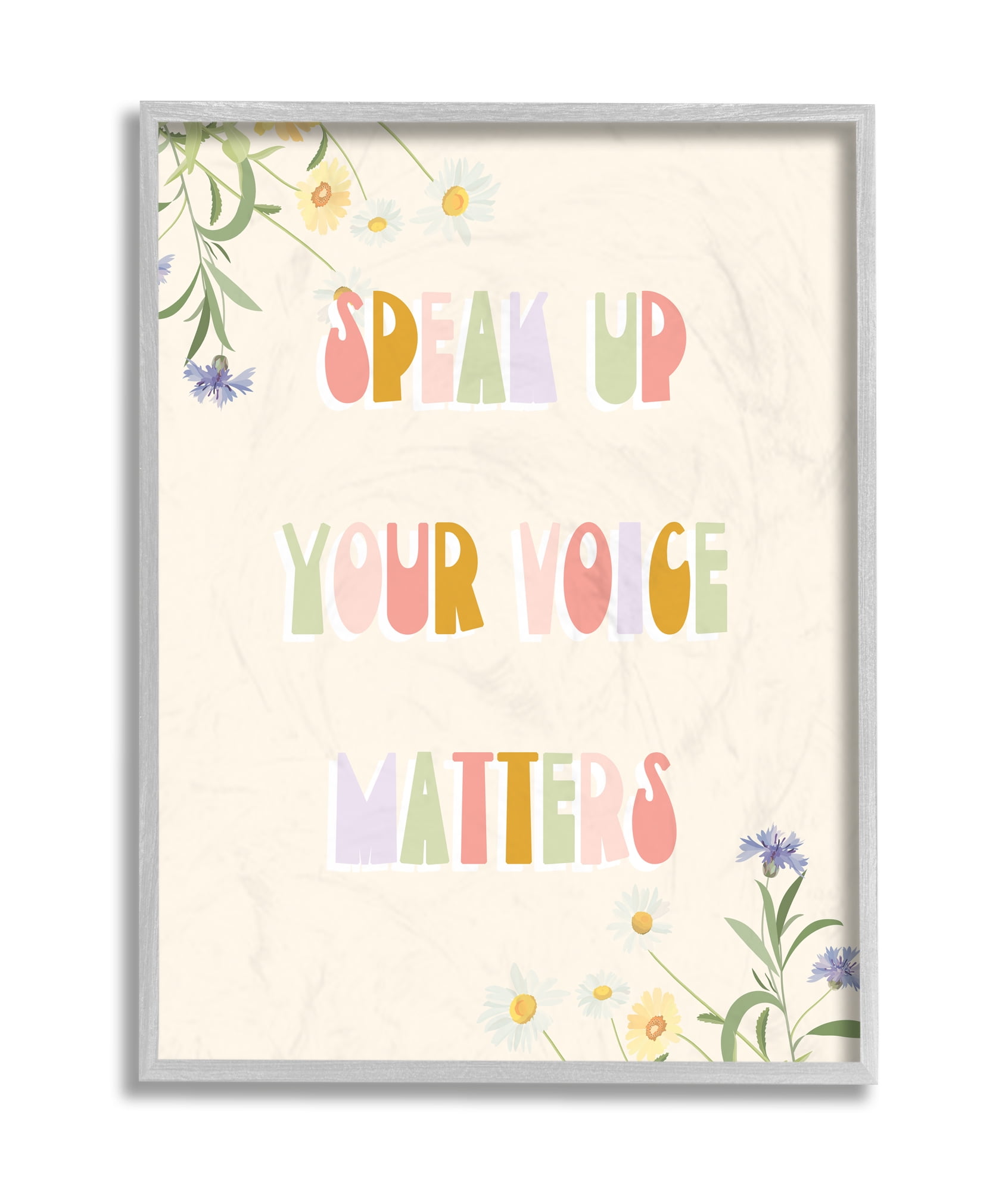 Stupell Industries Speak Up Your Voice Matters Quote Spring Wildflowers Botanical & Floral Painting Gray Framed Art Print Wall Art, 11 x 14