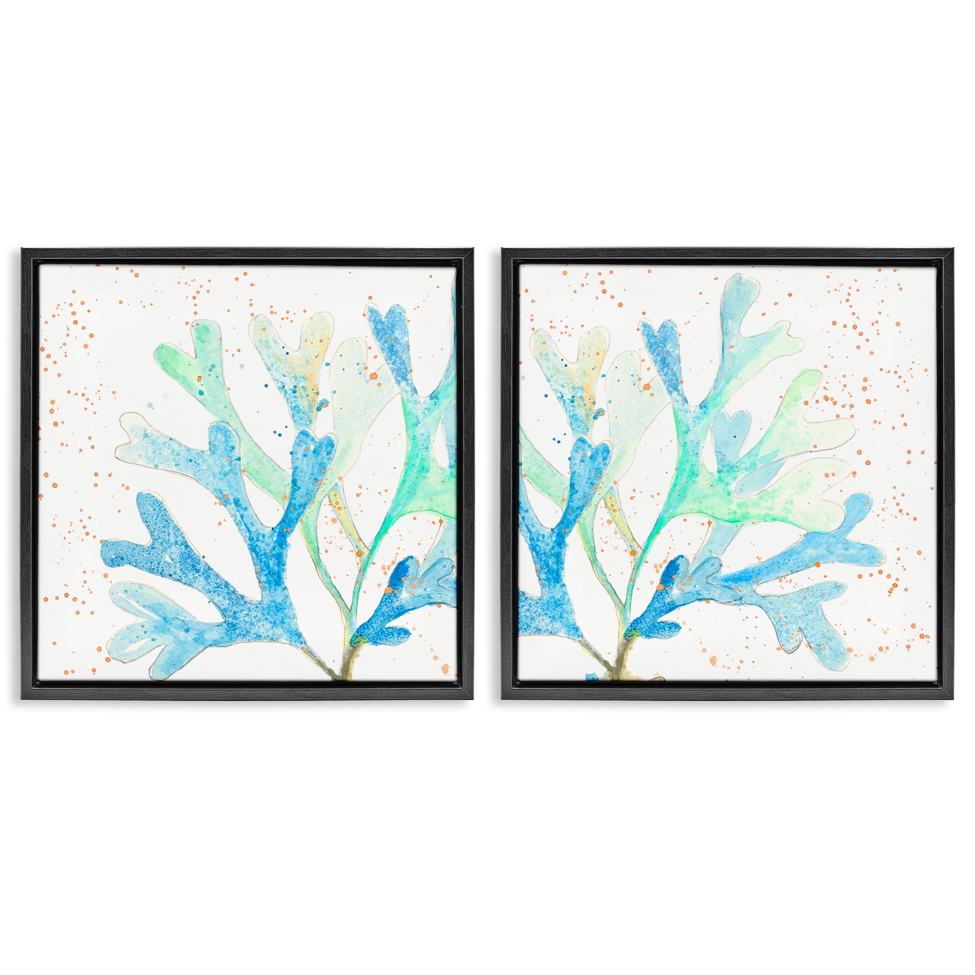 Stupell Industries Speckled Blue Green Coral Plants & Flowers Painting Black Floater Framed Canvas Art Print Wall Art, 18 x 18, Set of 2