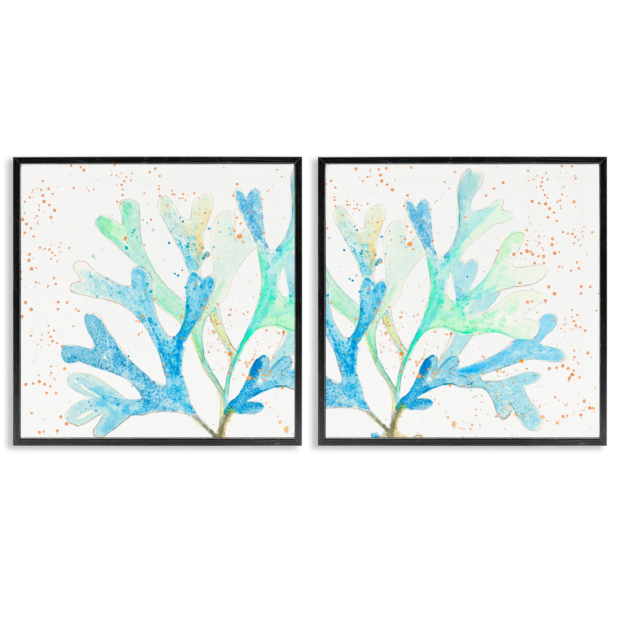 Stupell Industries Speckled Blue Green Coral Plants & Flowers Painting Black Framed Art Print Wall Art, 17 x 17, Set of 2