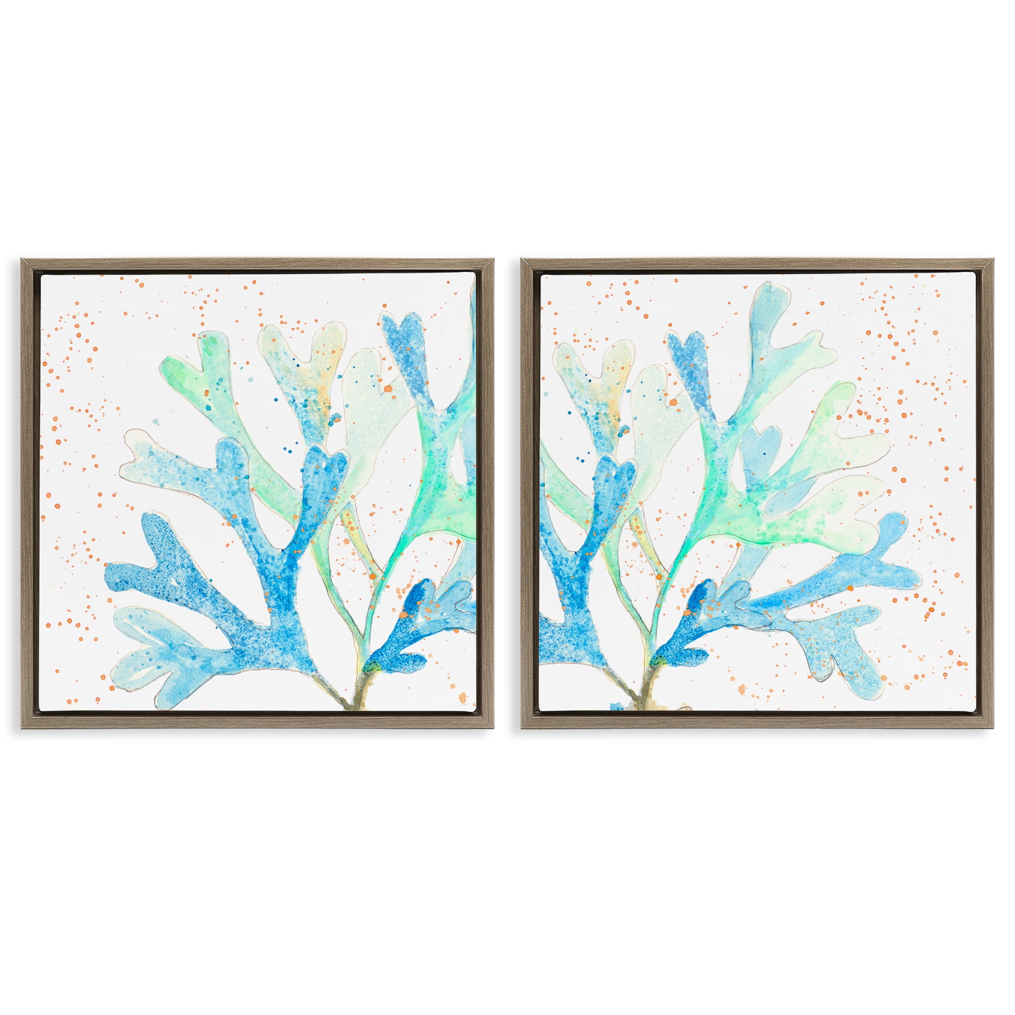 Stupell Industries Speckled Blue Green Coral Plants & Flowers Painting Brown Floater Framed Canvas Art Print Wall Art, 18 x 18, Set of 2