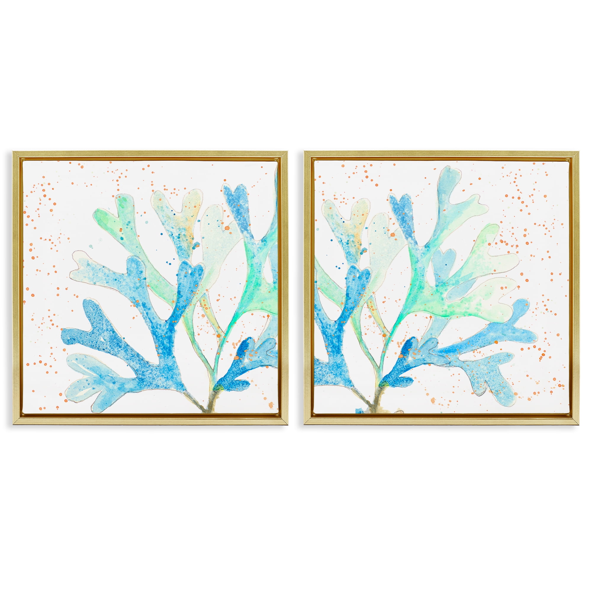Stupell Industries Speckled Blue Green Coral Plants & Flowers Painting Gold Floater Framed Canvas Art Print Wall Art, 18 x 18, Set of 2