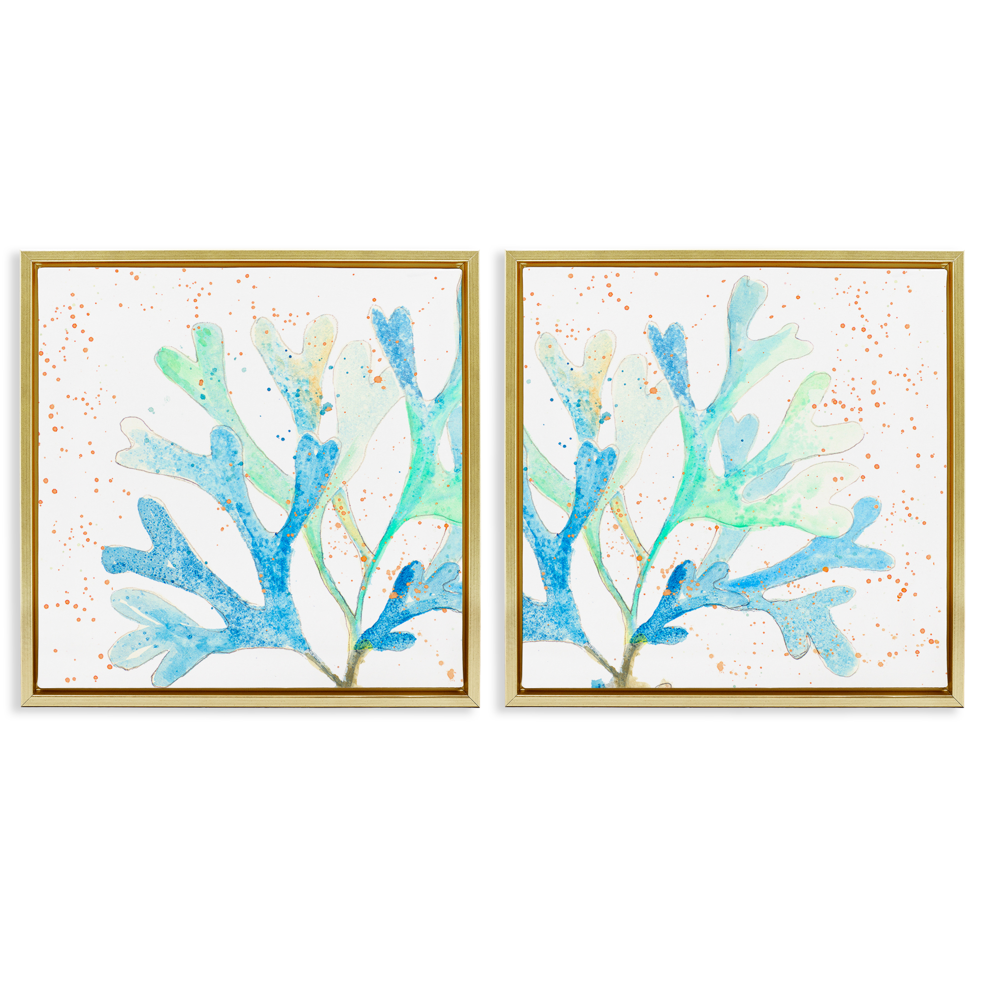 Stupell Industries Speckled Blue Green Coral Plants & Flowers Painting Gold Floater Framed Canvas Art Print Wall Art, 25 x 25, Set of 2