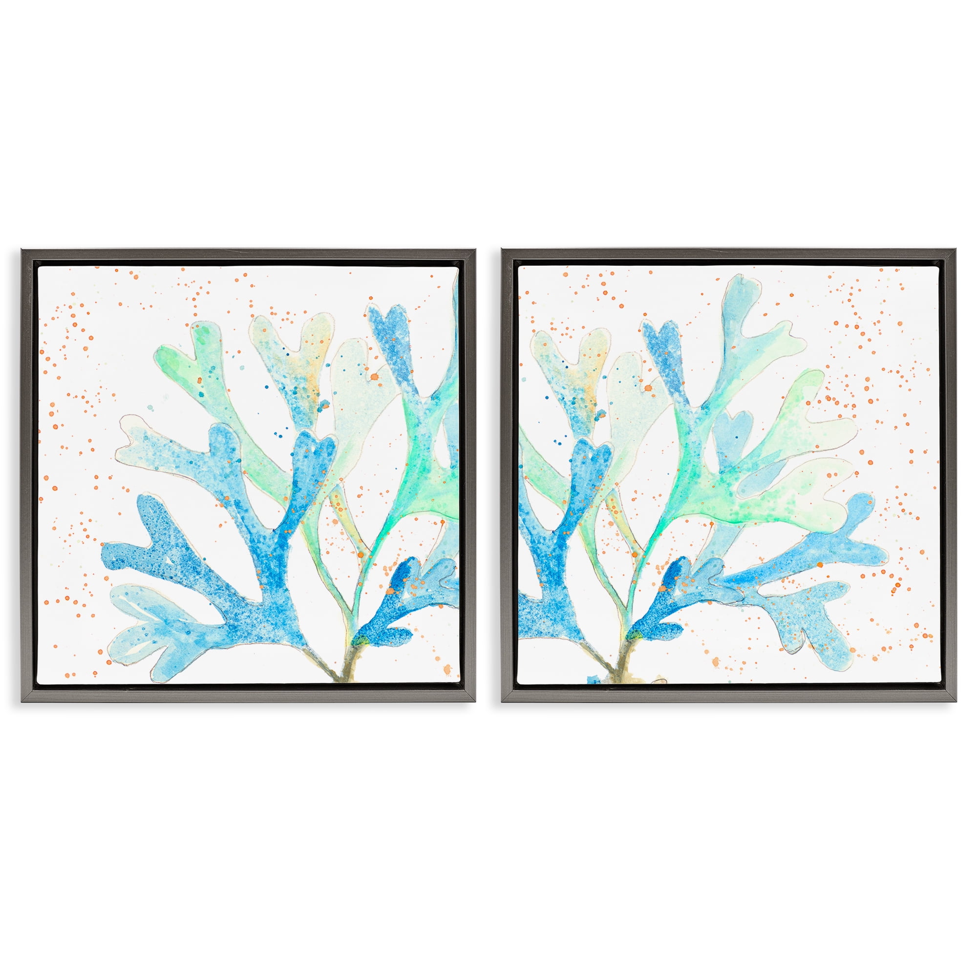 Stupell Industries Speckled Blue Green Coral Plants & Flowers Painting Gray Floater Framed Canvas Art Print Wall Art, 18 x 18, Set of 2