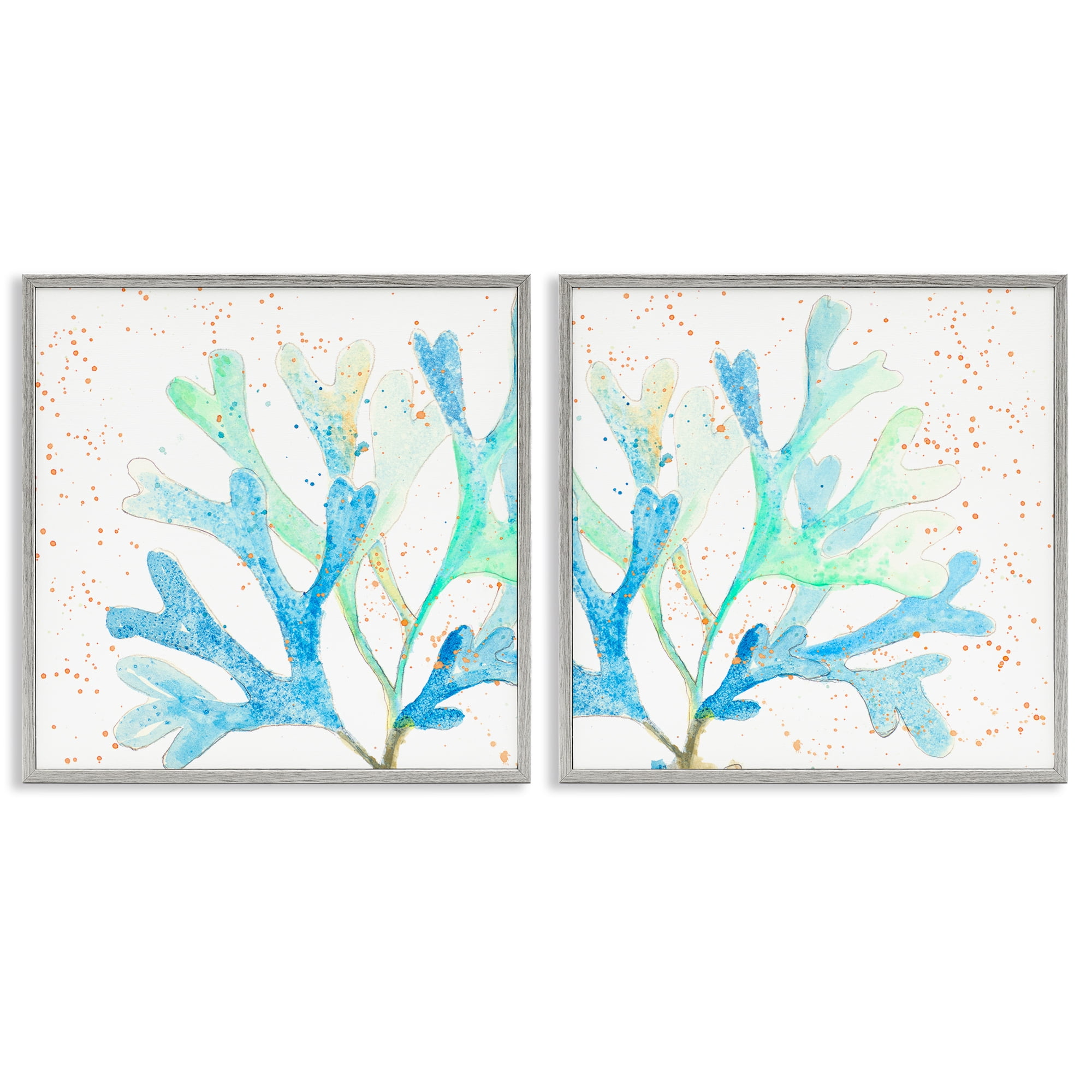 Stupell Industries Speckled Blue Green Coral Plants & Flowers Painting Gray Framed Art Print Wall Art, 17 x 17, Set of 2