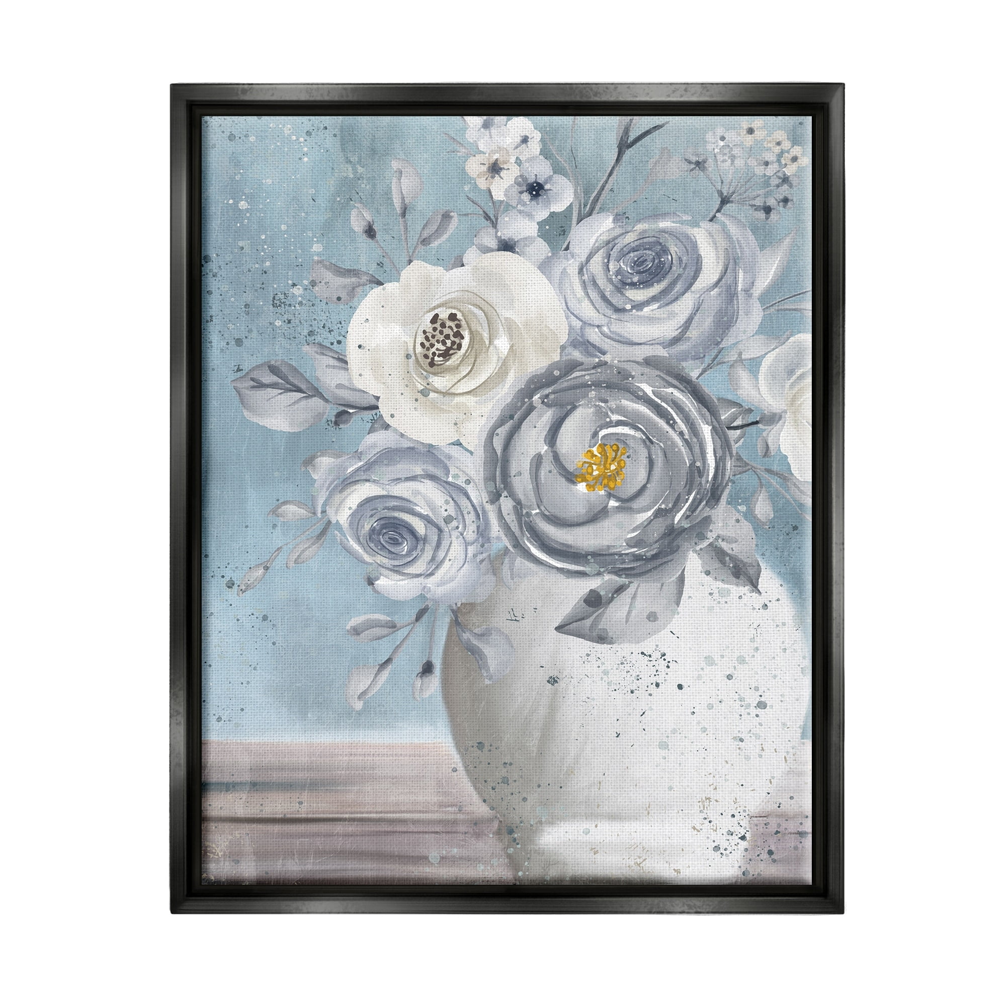 Stupell Industries Speckled Flower Arrangement Vase Varied Full Blooms Painting Jet Black Floating Framed Canvas Print Wall Art, Design by Kim Allen