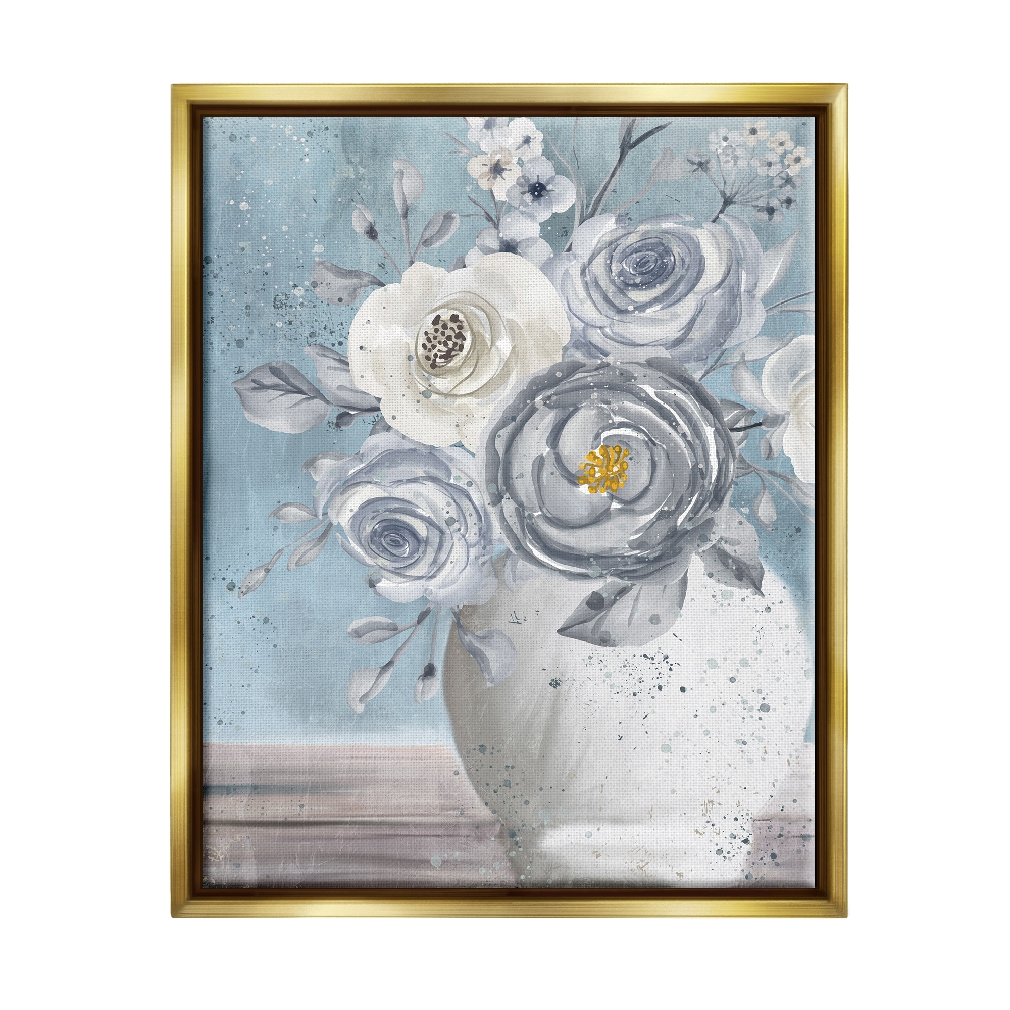 Stupell Industries Speckled Flower Arrangement Vase Varied Full Blooms Painting Metallic Gold Floating Framed Canvas Print Wall Art, Design by Kim Allen