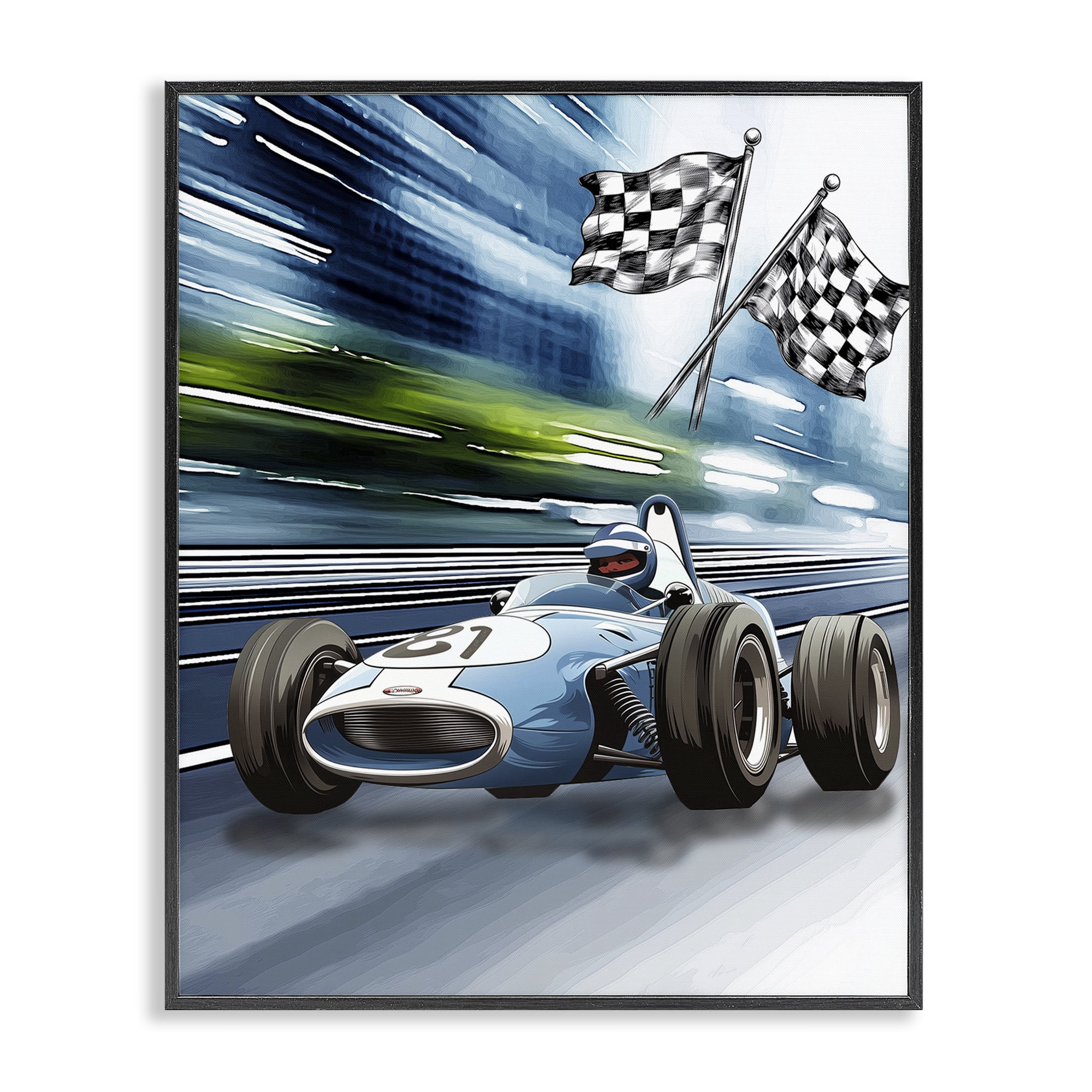 Stupell Industries Speedy Racecar with Flags Black Framed Giclee Art, design by Christine Simpson Art